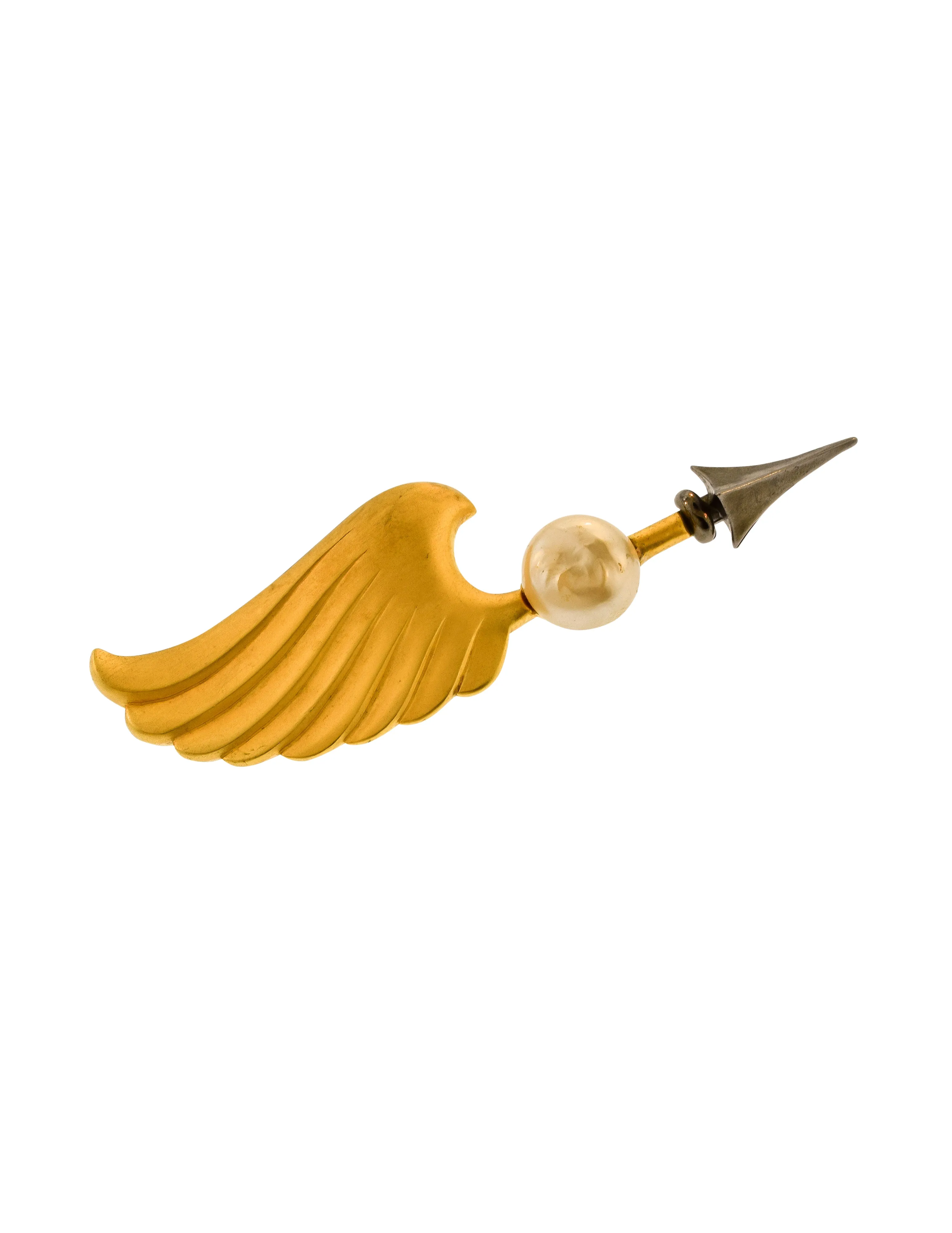 Karl Lagerfeld Vintage Brushed Gold and Gunmetal Baroque Pearl Cupid's Arrow and Wing Brooch Pin