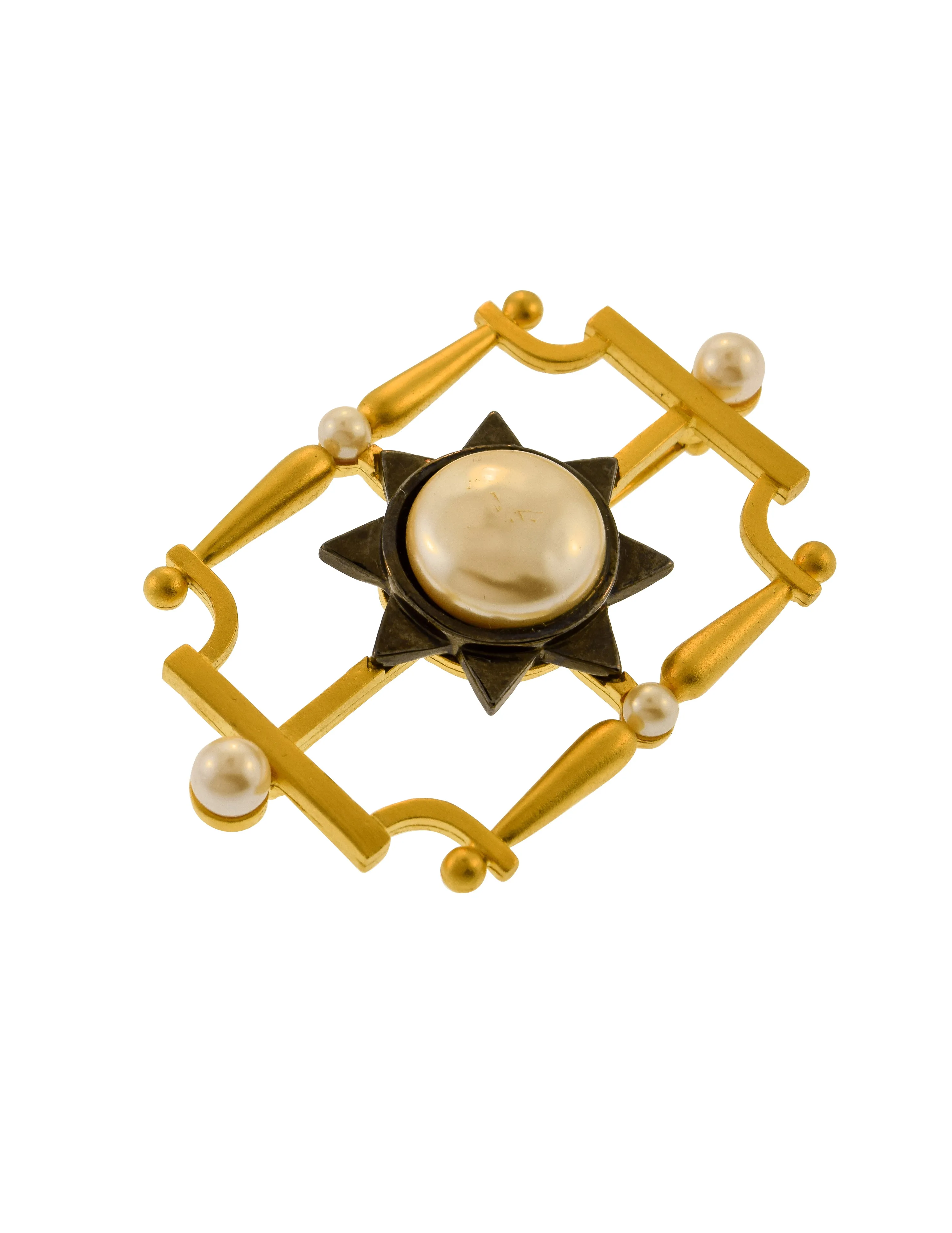 Karl Lagerfeld Vintage Brushed Gold and Gunmetal Framed Pearl Brooch Pin