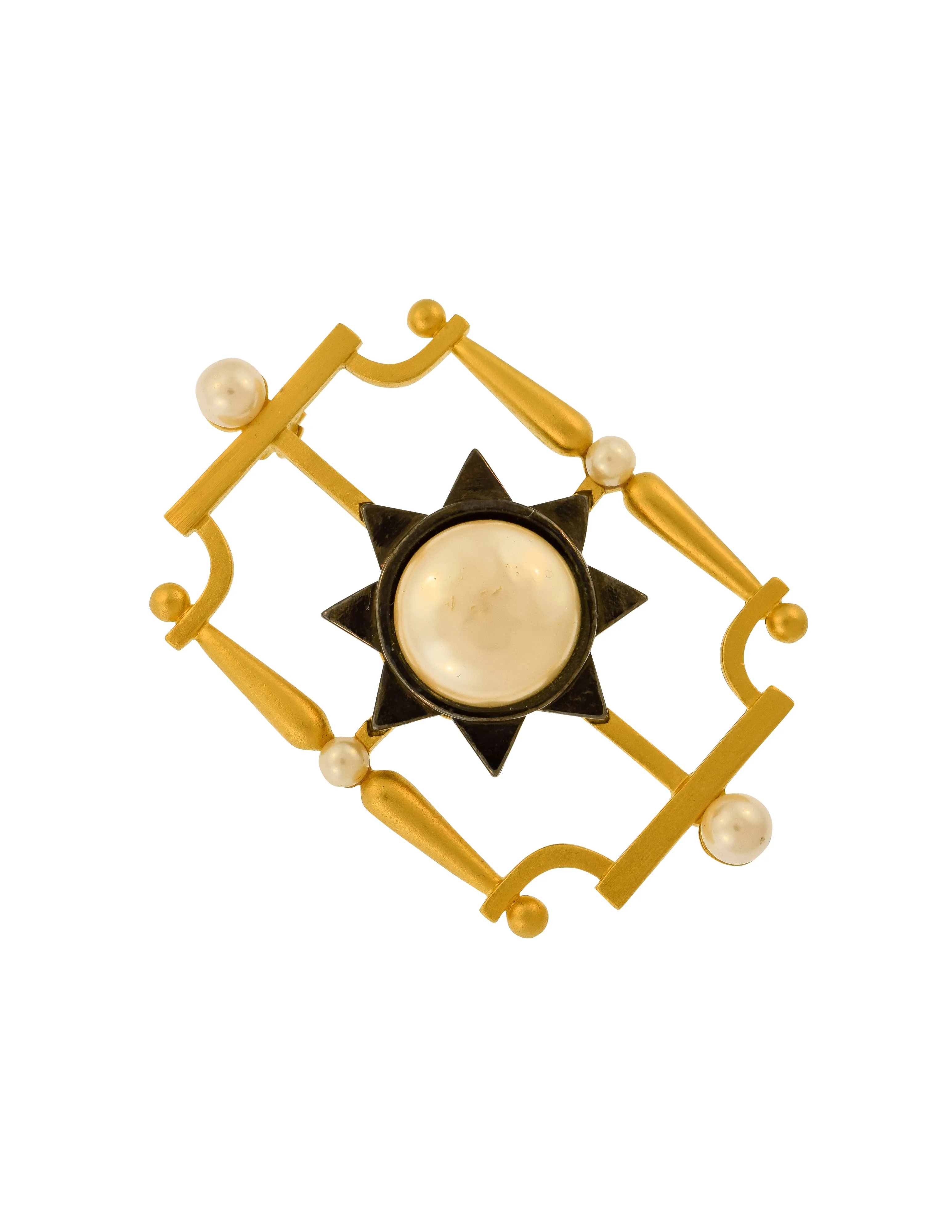 Karl Lagerfeld Vintage Brushed Gold and Gunmetal Framed Pearl Brooch Pin