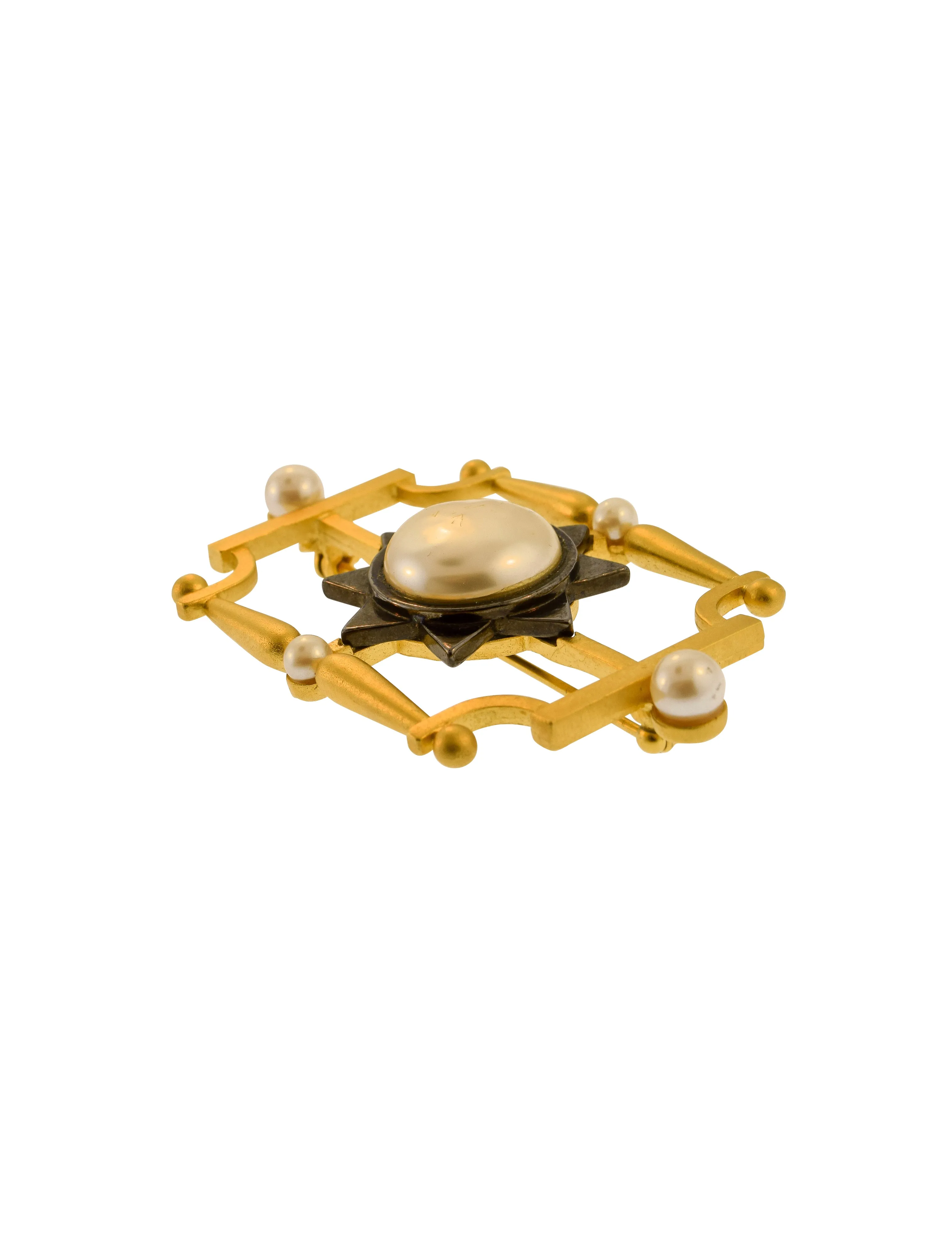 Karl Lagerfeld Vintage Brushed Gold and Gunmetal Framed Pearl Brooch Pin