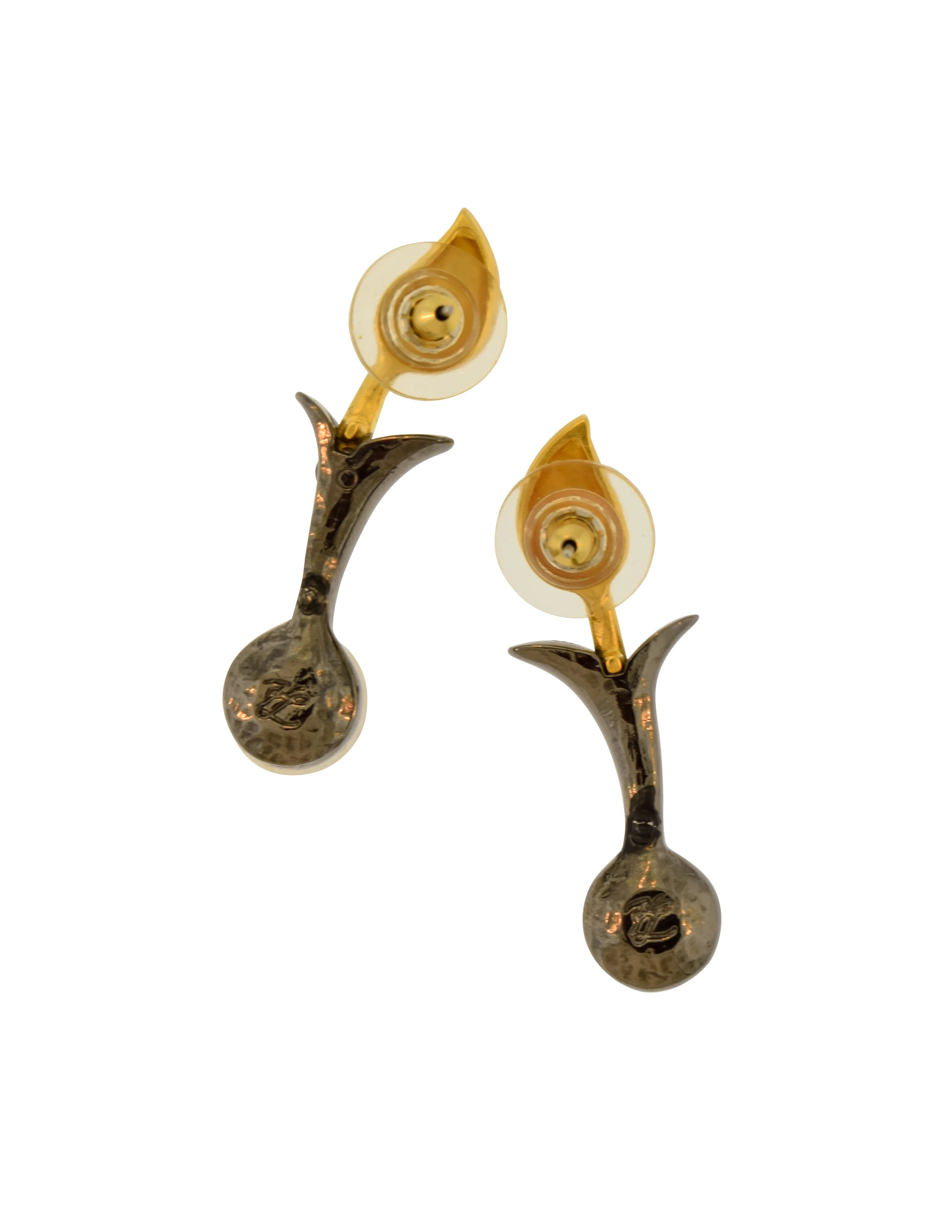 Karl Lagerfeld Vintage Brushed Gold and Gunmetal Leaf and Pearl Earrings