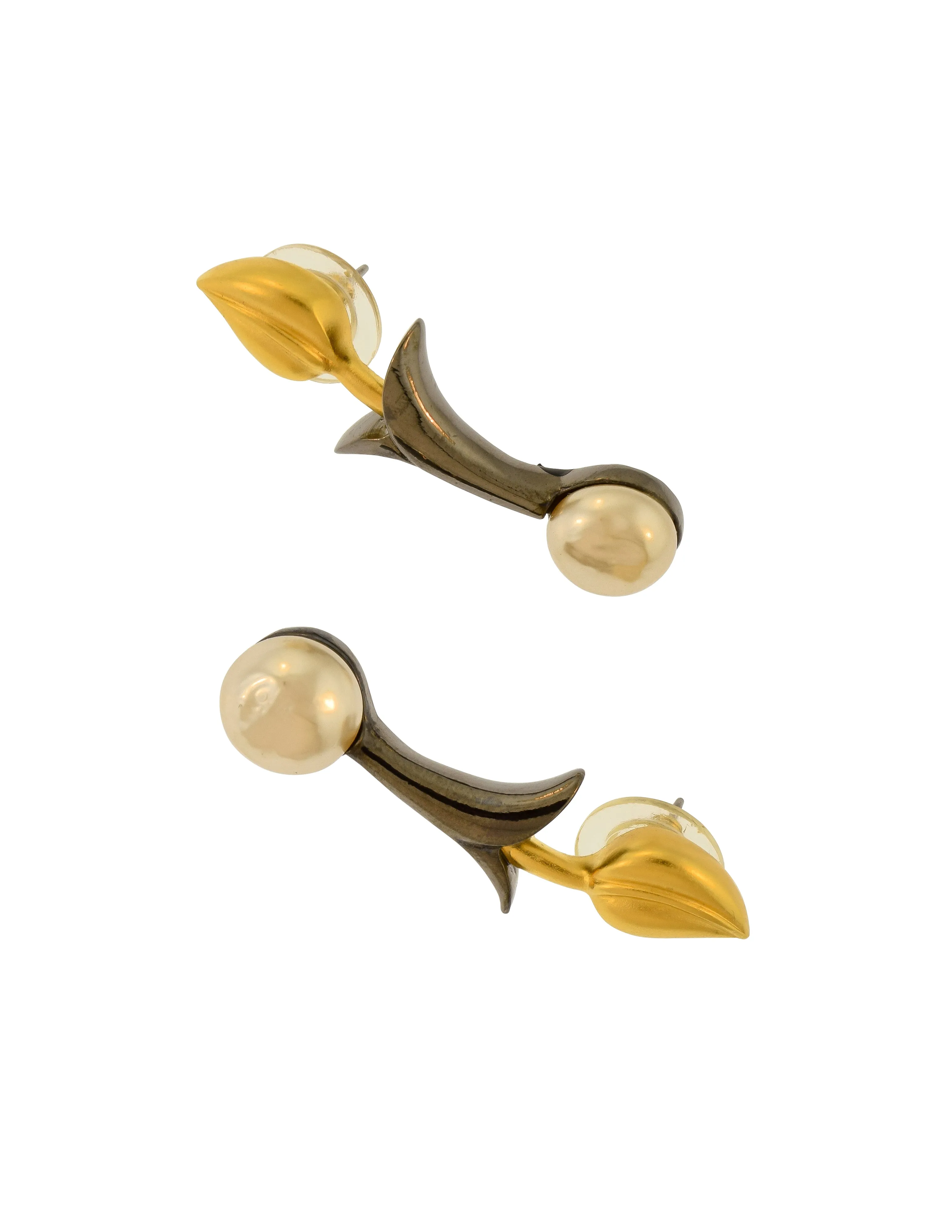 Karl Lagerfeld Vintage Brushed Gold and Gunmetal Leaf and Pearl Earrings