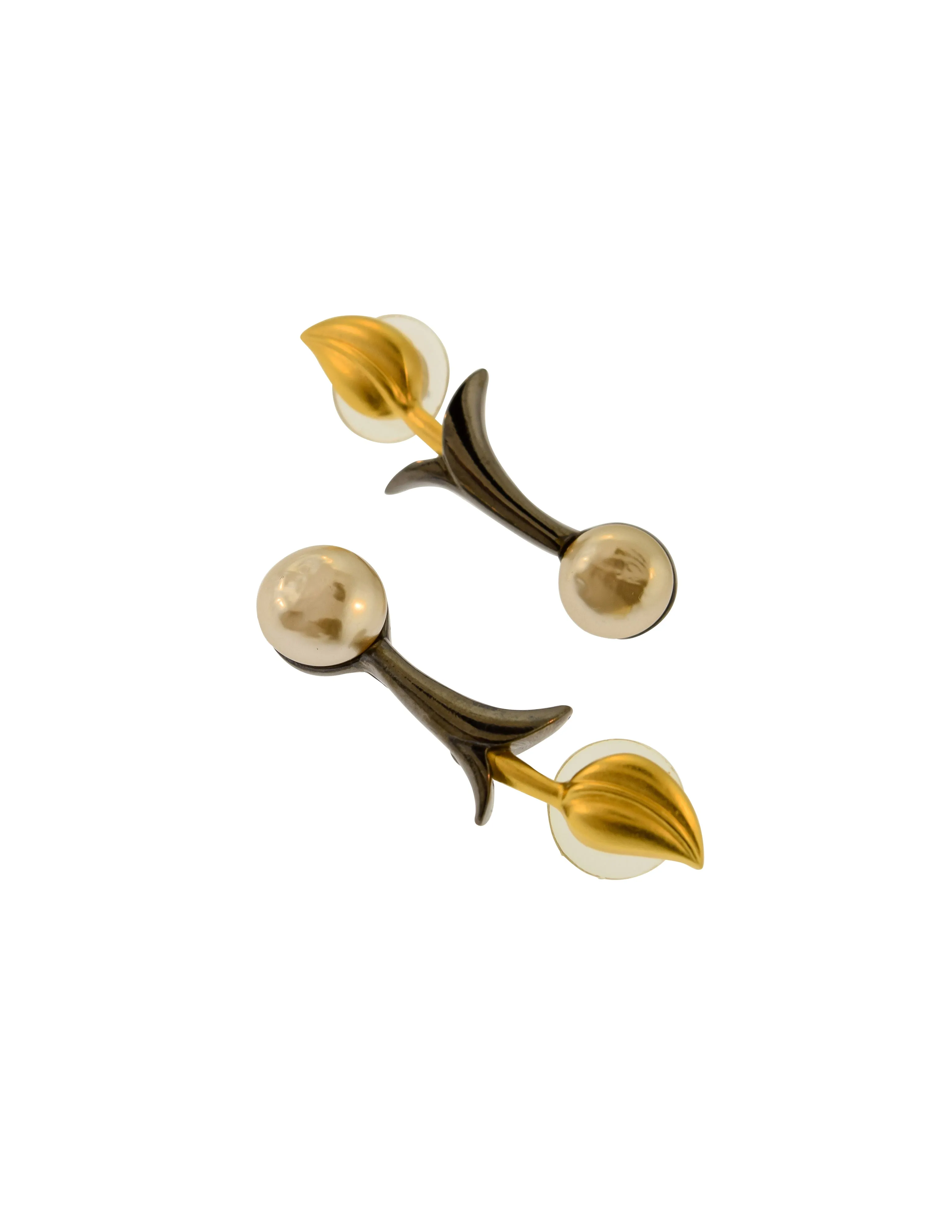 Karl Lagerfeld Vintage Brushed Gold and Gunmetal Leaf and Pearl Earrings