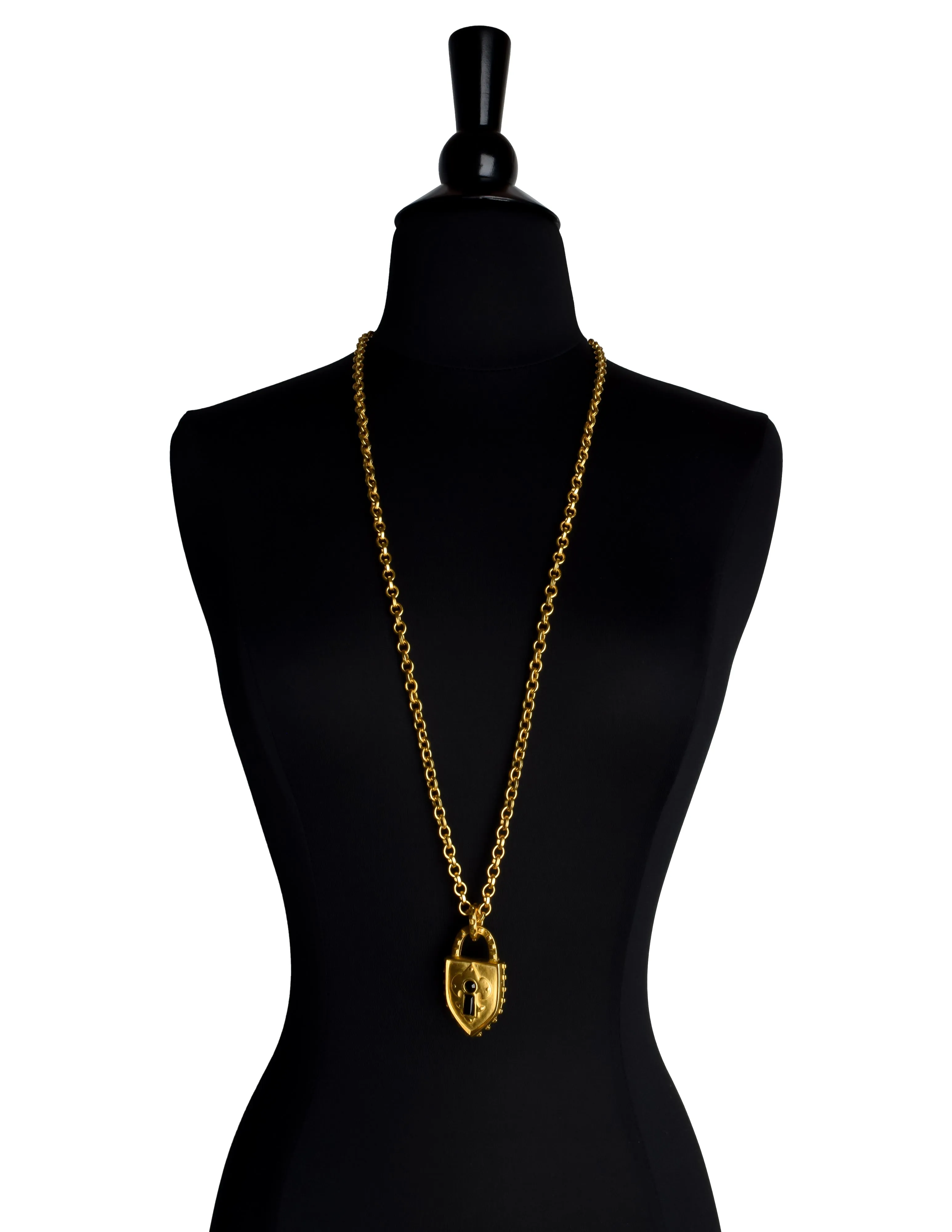 Karl Lagerfeld Vintage Brushed Gold Black Glass Padlock Pendant Necklace