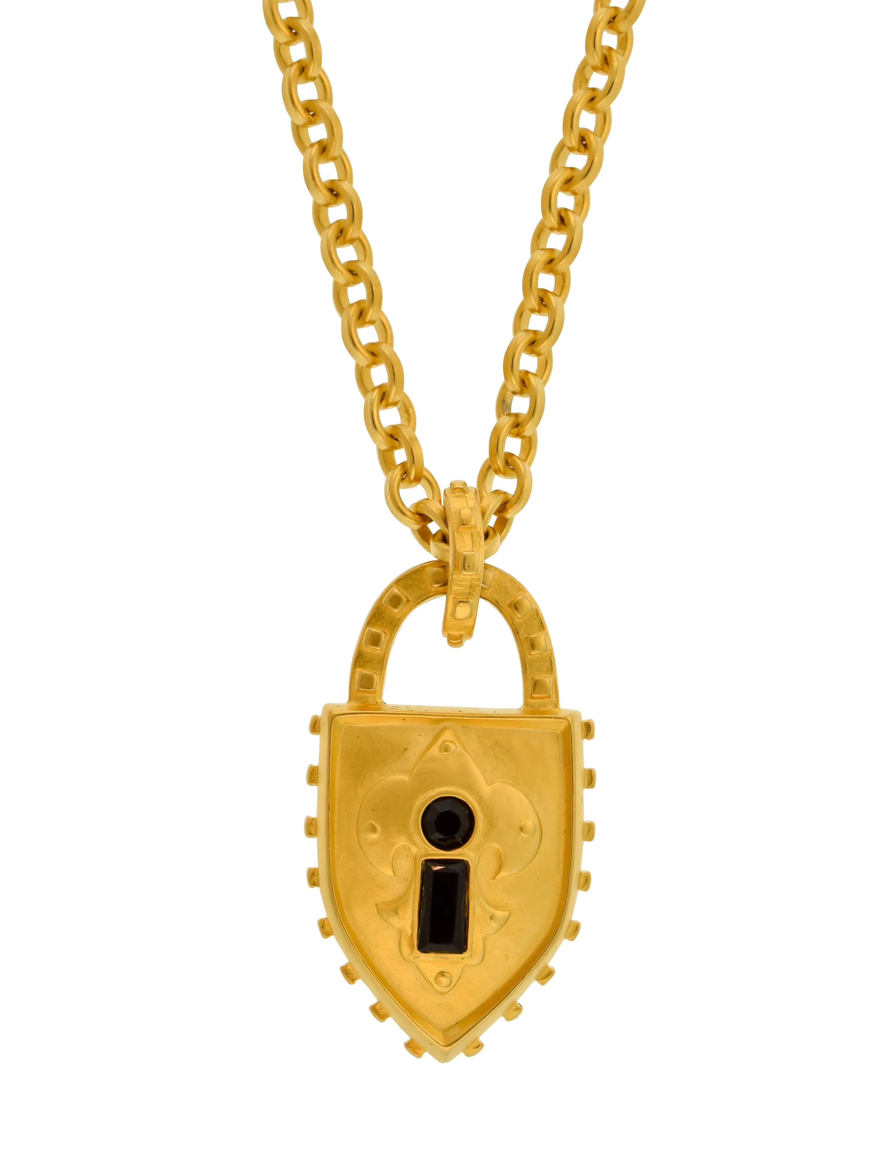 Karl Lagerfeld Vintage Brushed Gold Black Glass Padlock Pendant Necklace