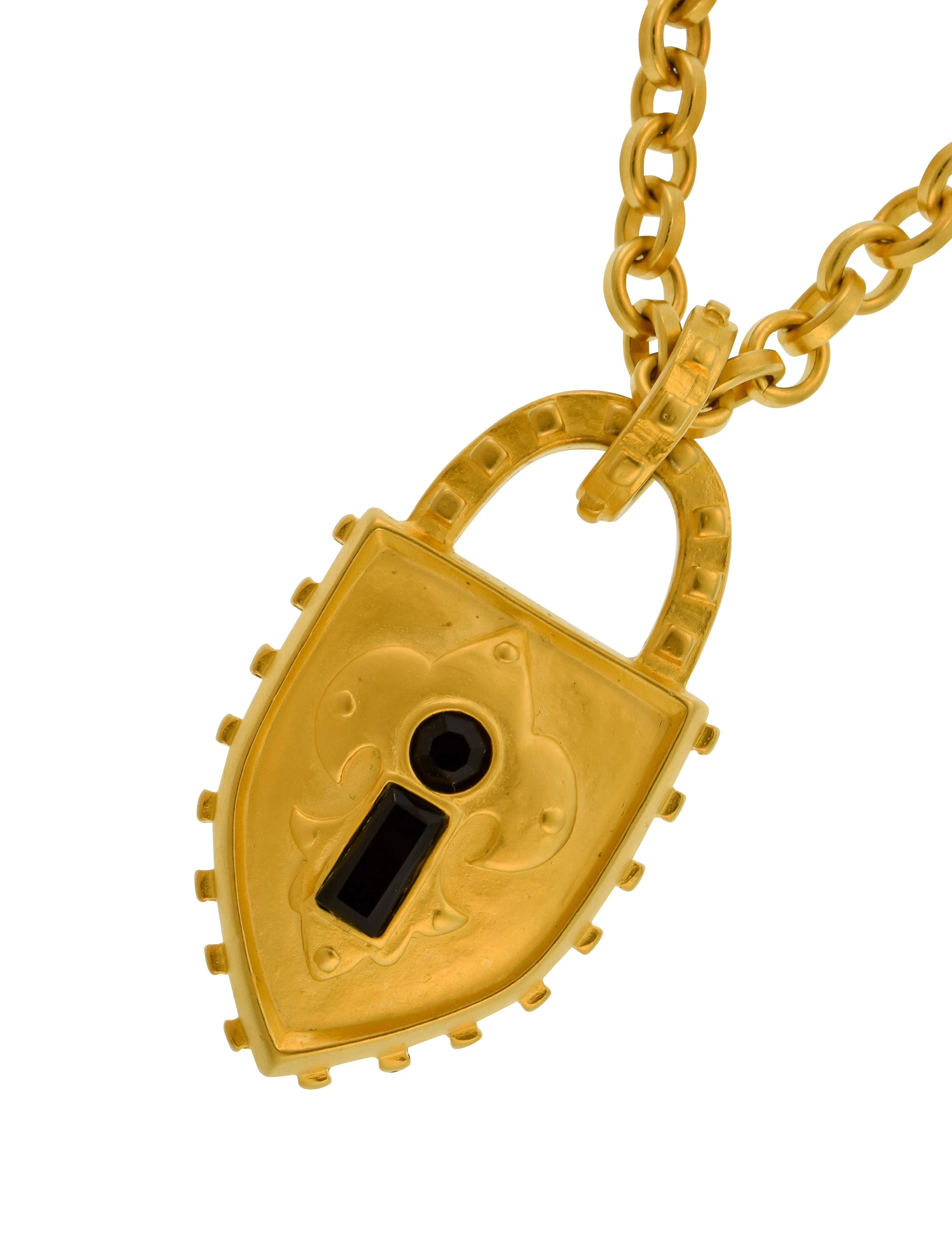 Karl Lagerfeld Vintage Brushed Gold Black Glass Padlock Pendant Necklace
