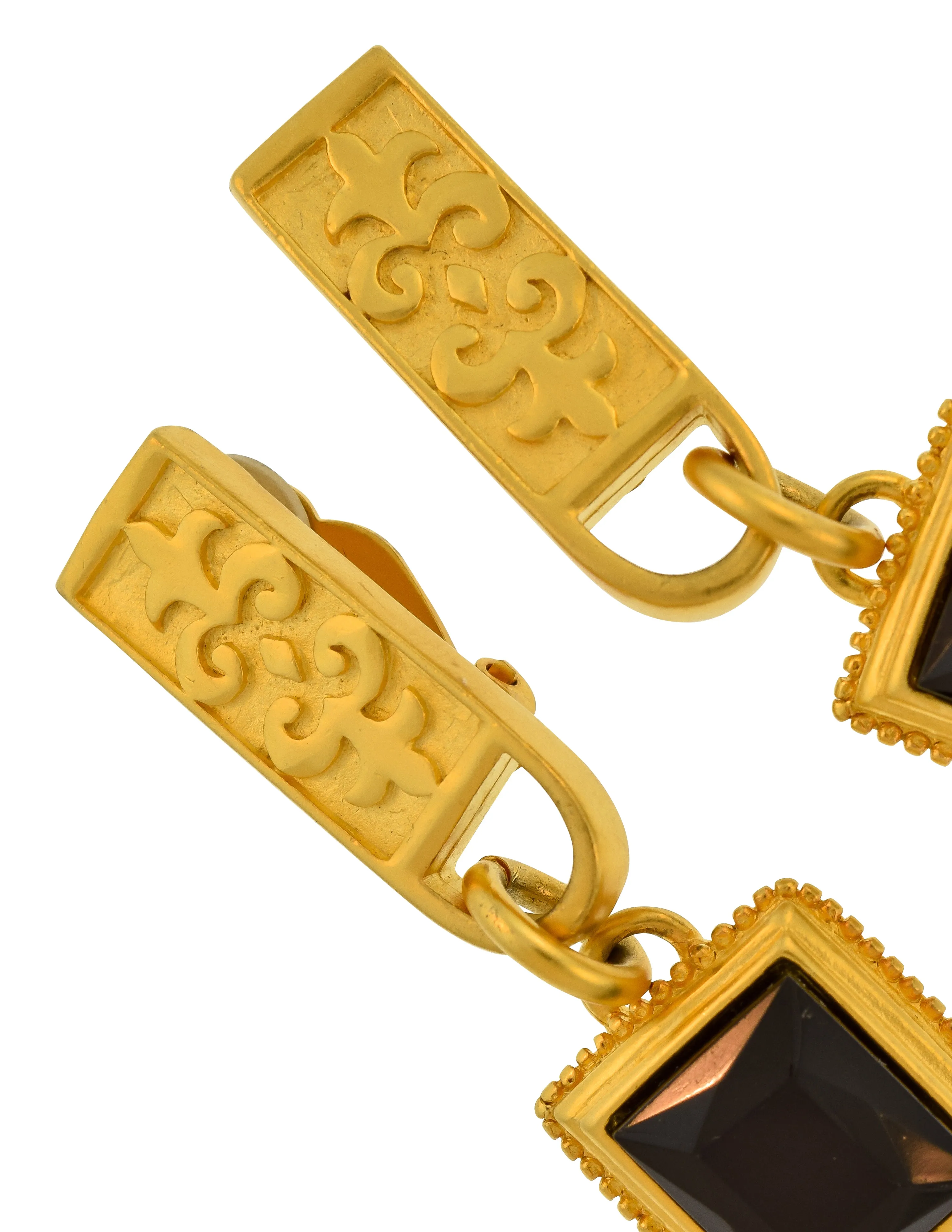 Karl Lagerfeld Vintage Brushed Gold Fleur de Lis Bar and Black Glass Dangle Earrings