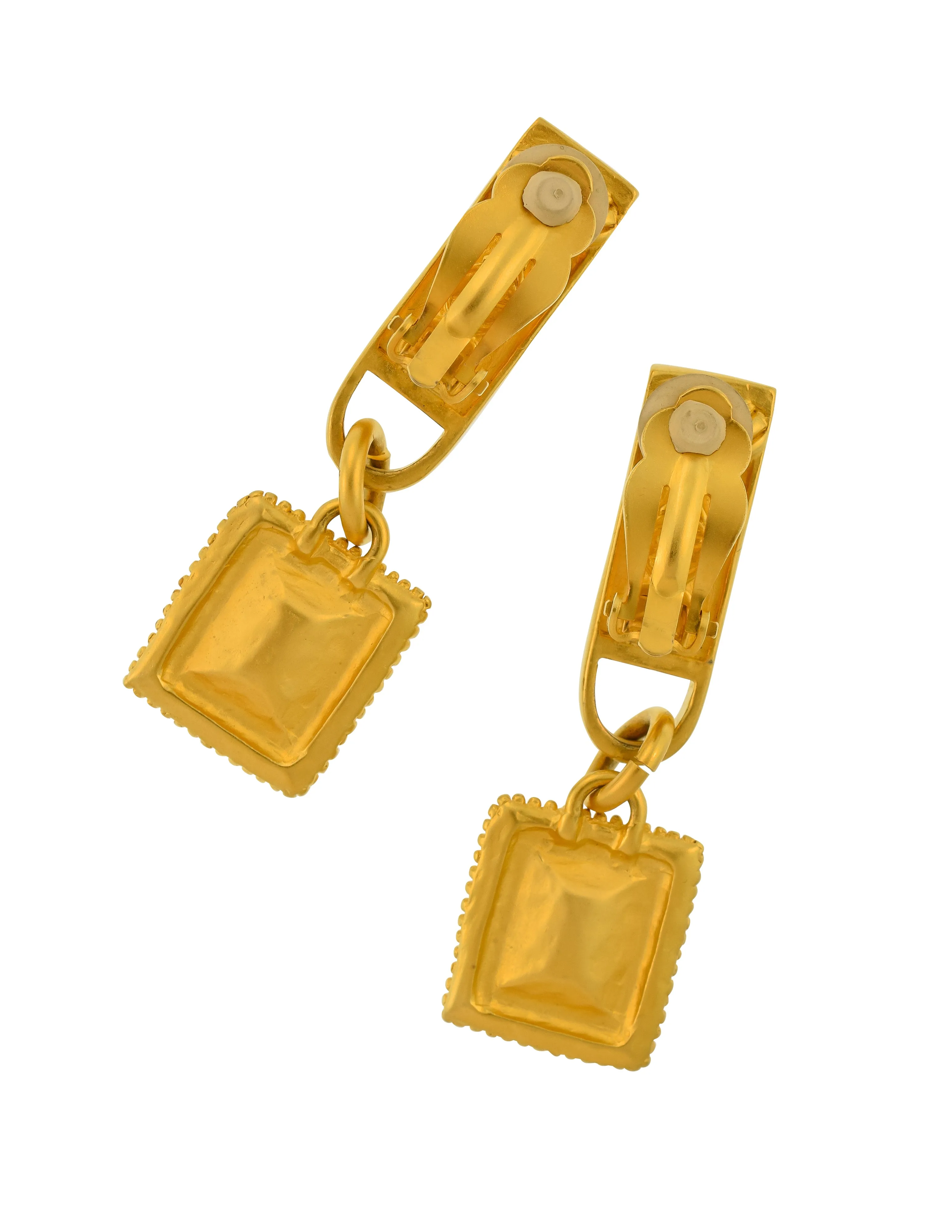 Karl Lagerfeld Vintage Brushed Gold Fleur de Lis Bar and Black Glass Dangle Earrings