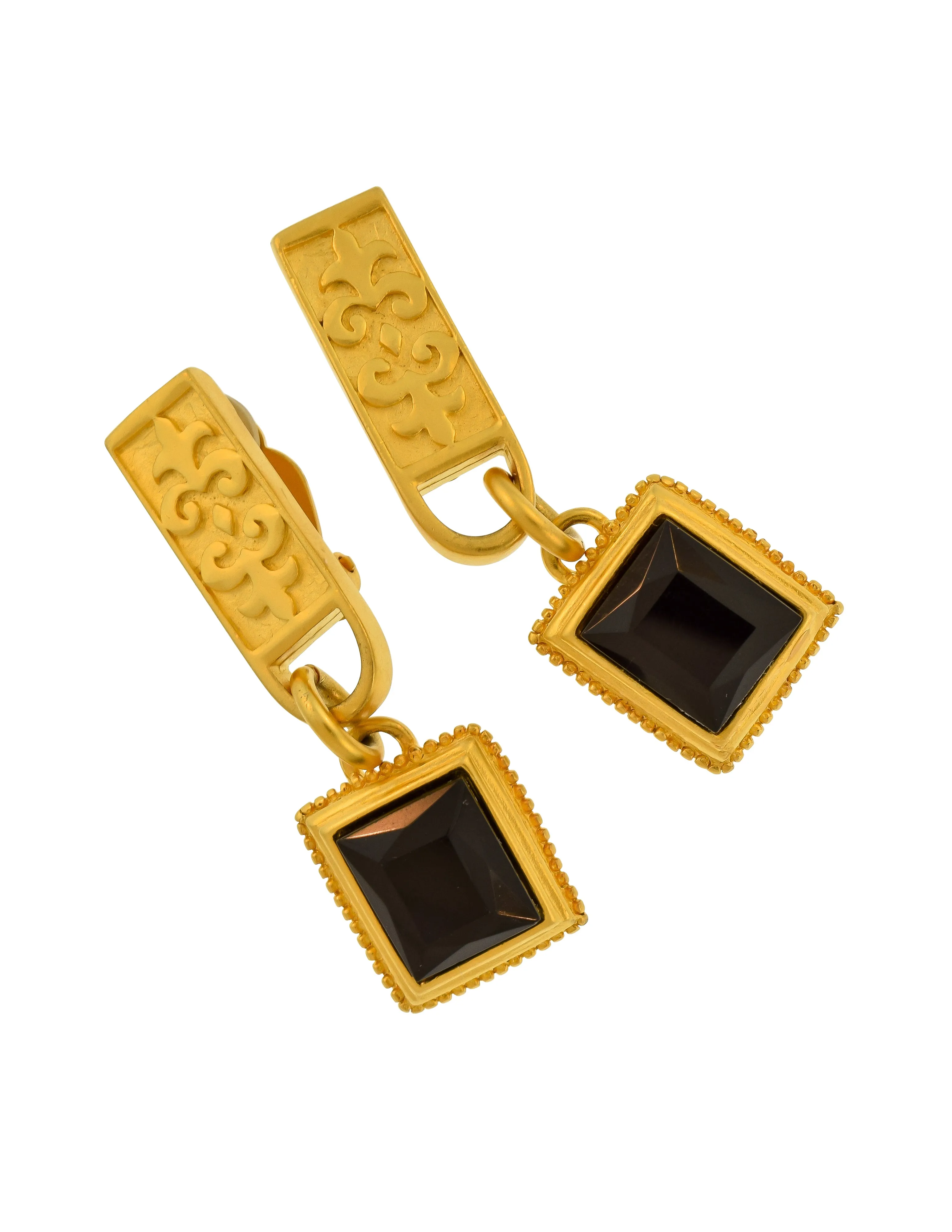 Karl Lagerfeld Vintage Brushed Gold Fleur de Lis Bar and Black Glass Dangle Earrings