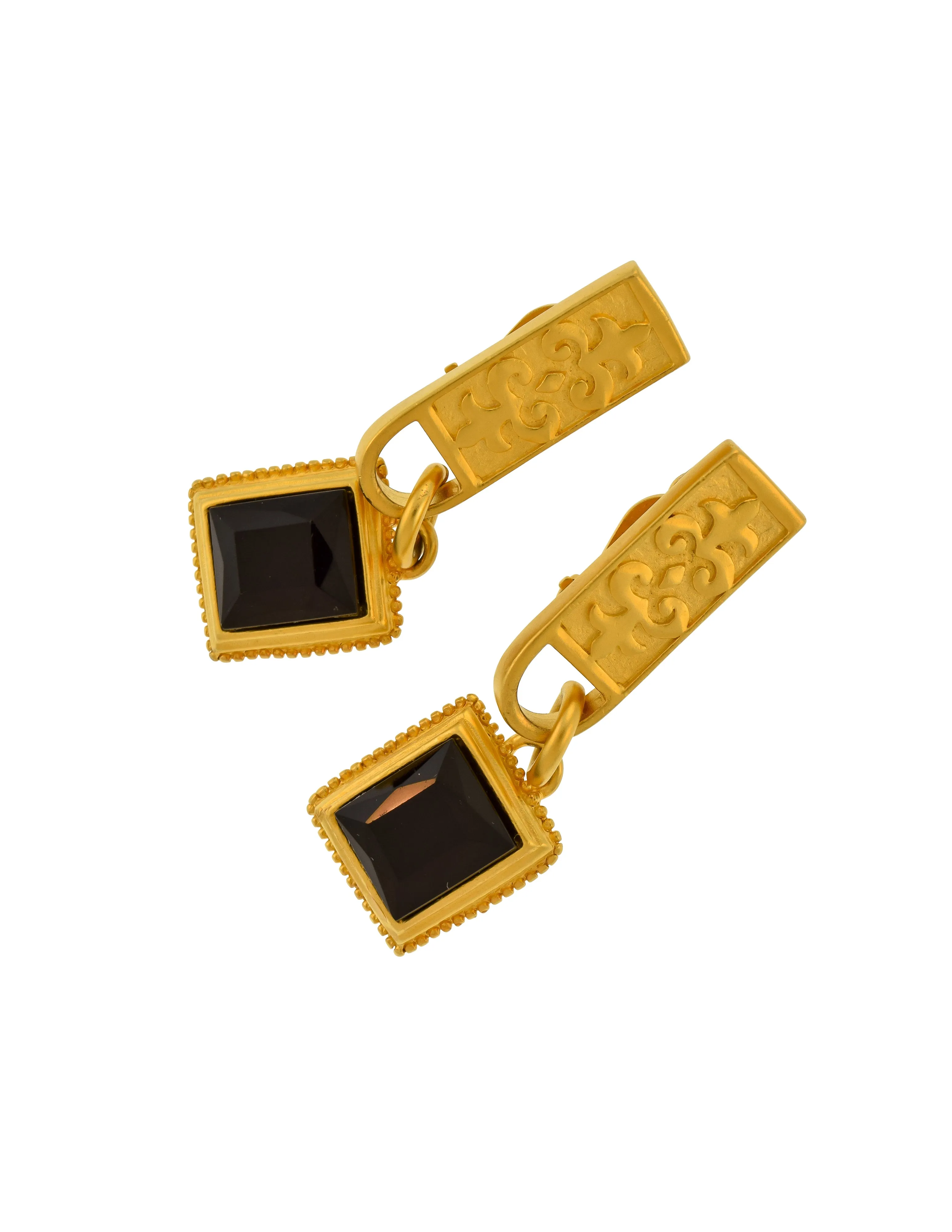 Karl Lagerfeld Vintage Brushed Gold Fleur de Lis Bar and Black Glass Dangle Earrings