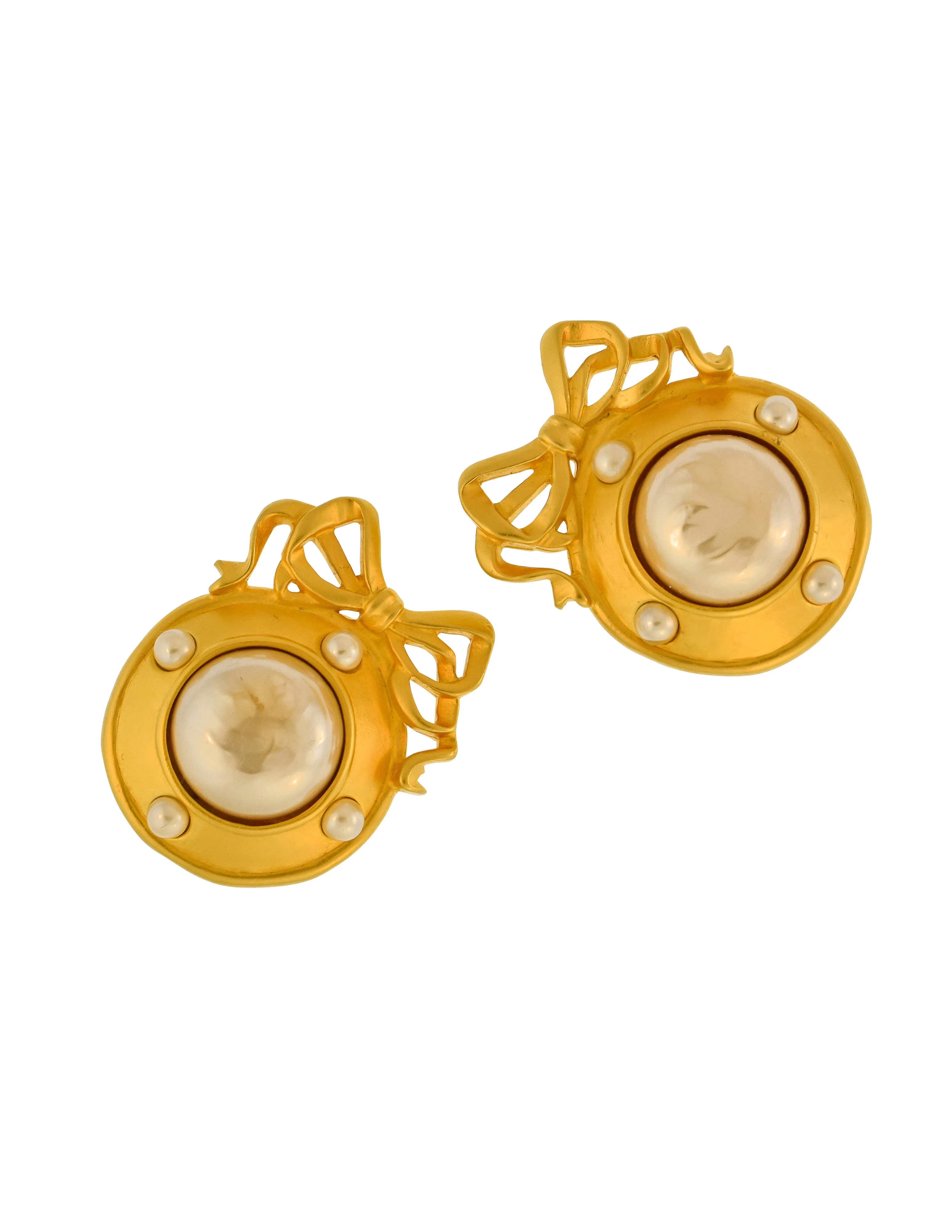 Karl Lagerfeld Vintage Large Brushed Gold Bow Frame Pearl Earrings