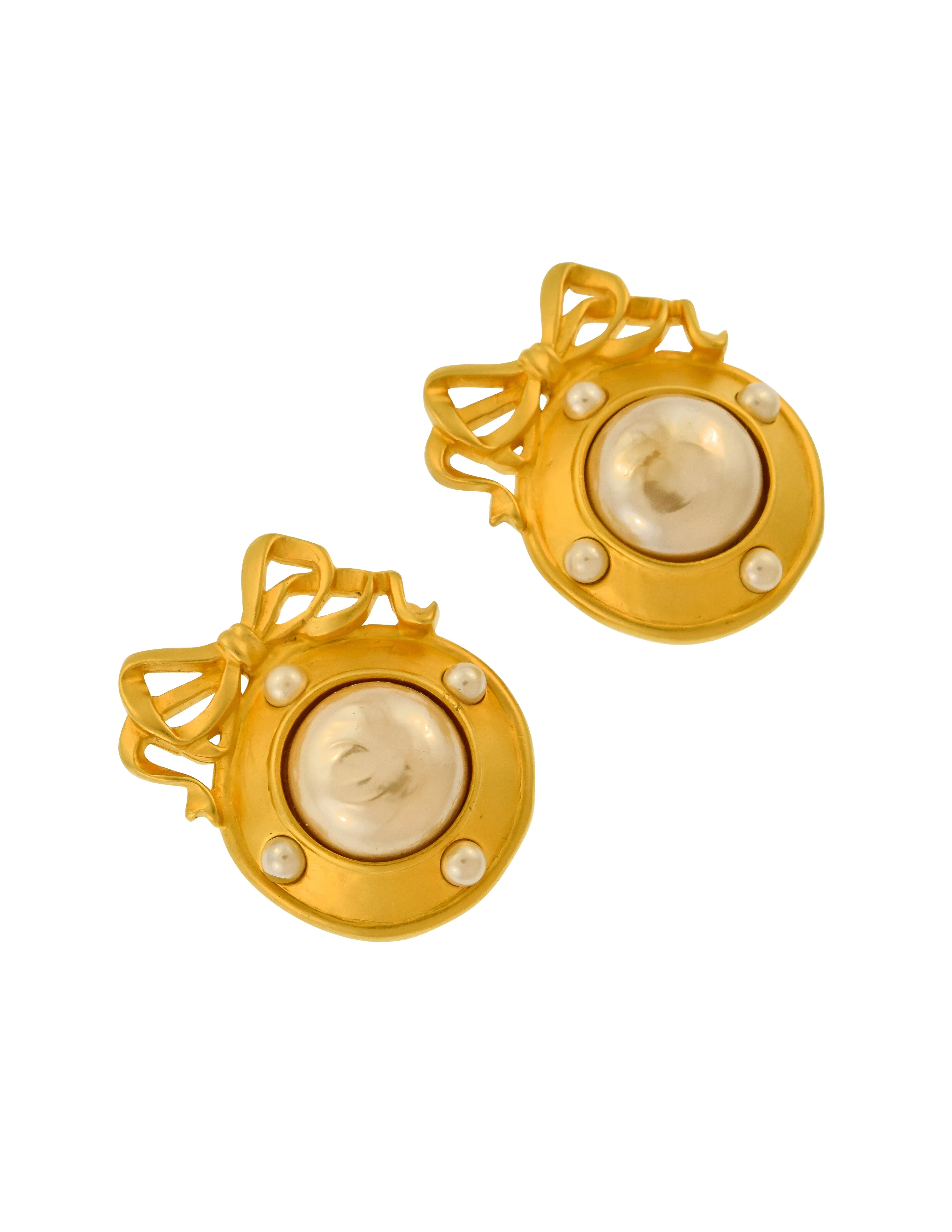 Karl Lagerfeld Vintage Large Brushed Gold Bow Frame Pearl Earrings
