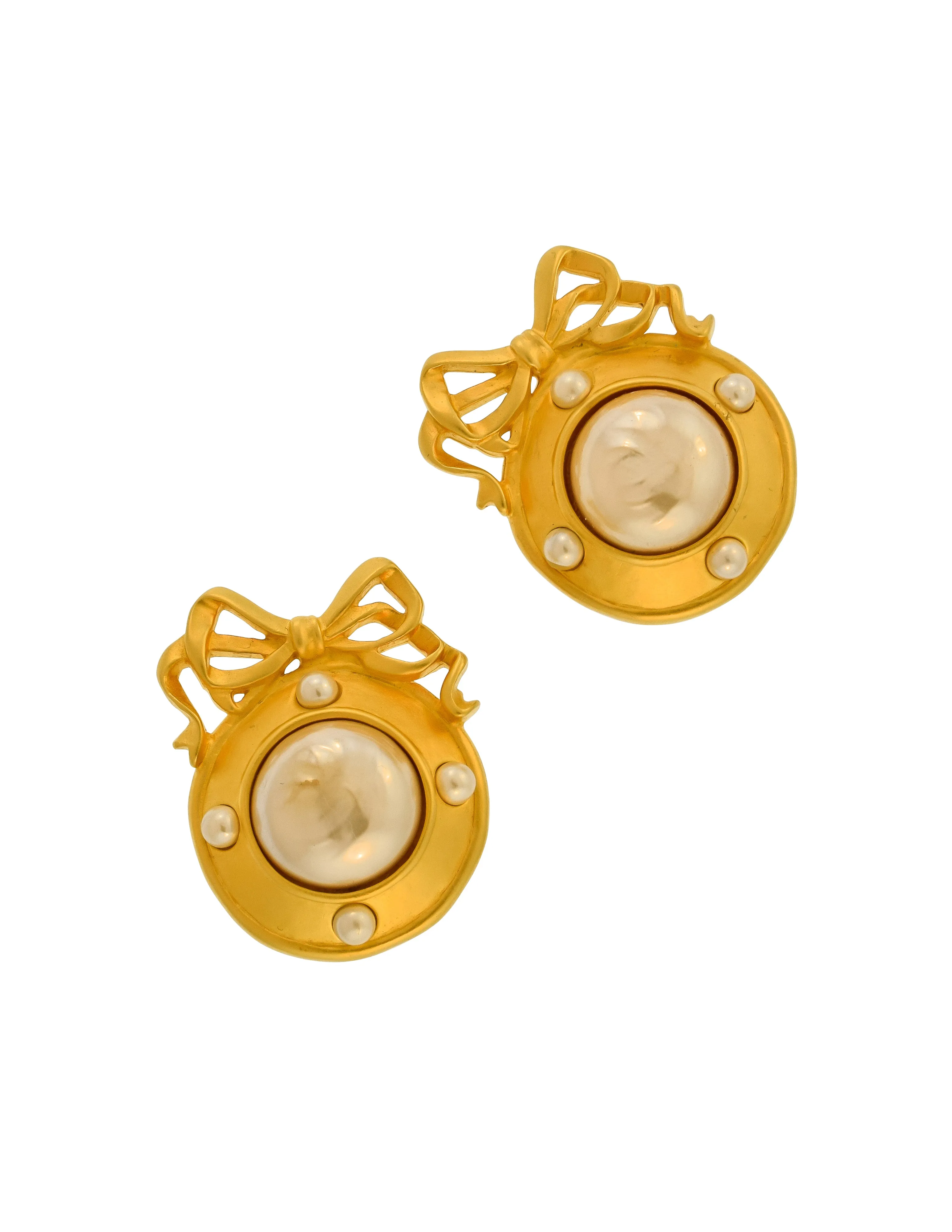 Karl Lagerfeld Vintage Large Brushed Gold Bow Frame Pearl Earrings