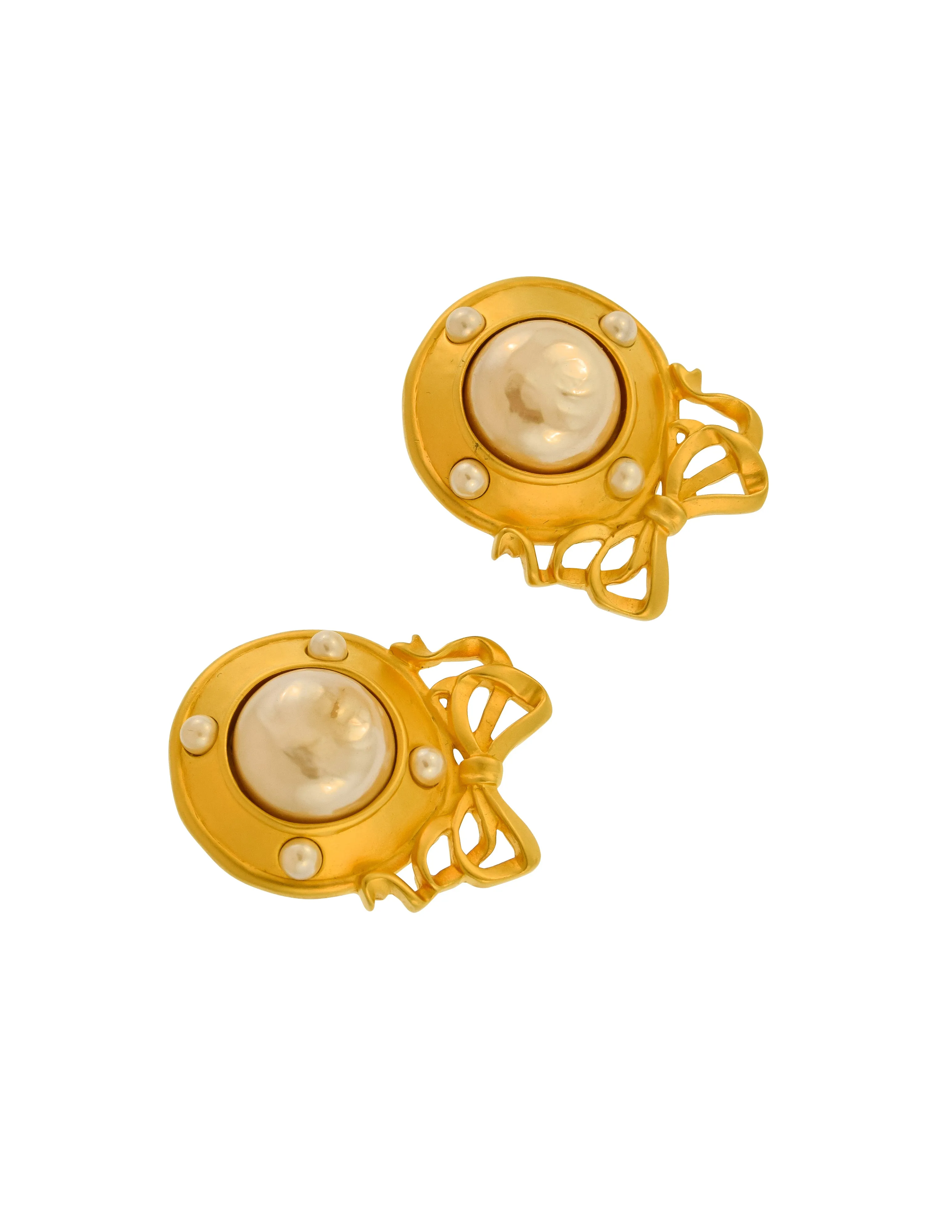 Karl Lagerfeld Vintage Large Brushed Gold Bow Frame Pearl Earrings