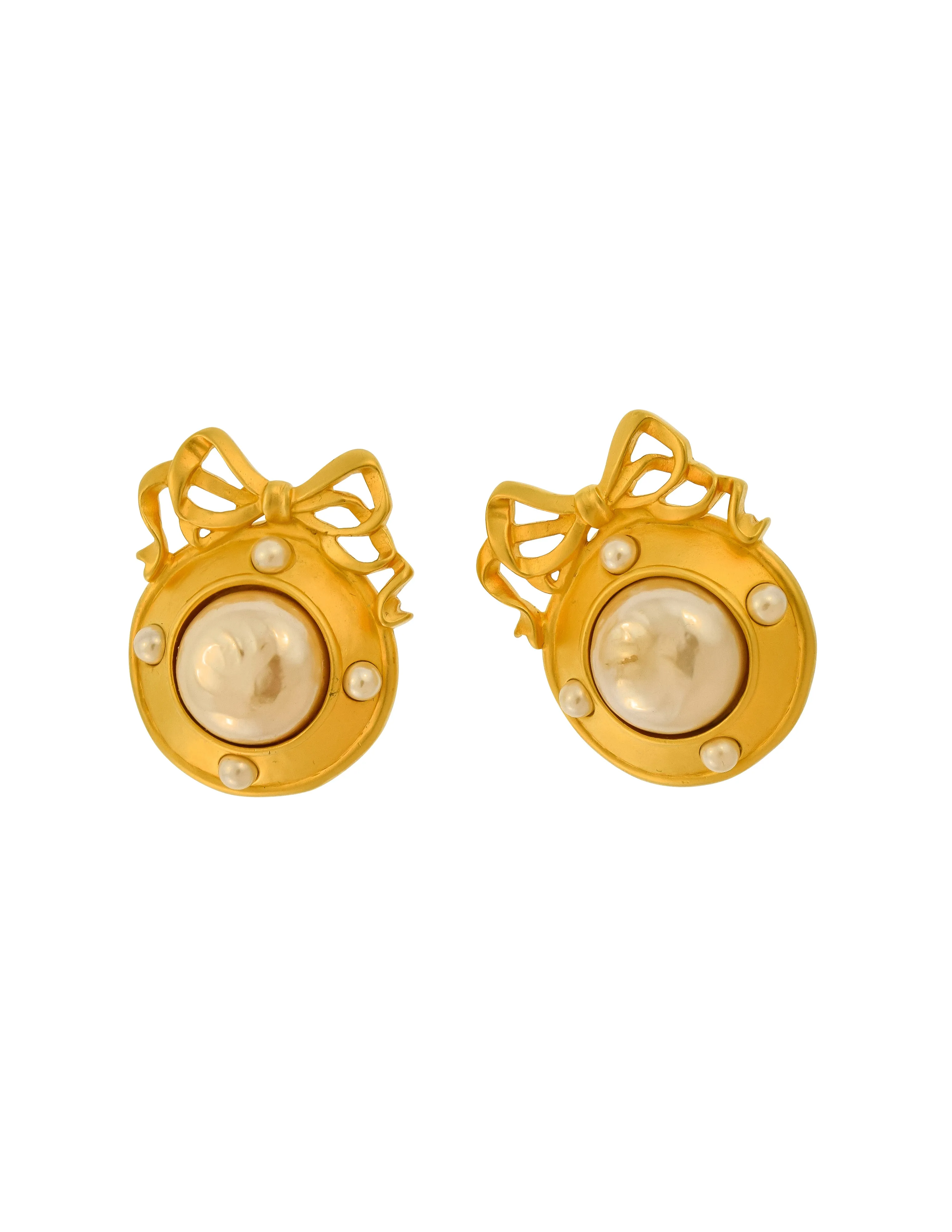 Karl Lagerfeld Vintage Large Brushed Gold Bow Frame Pearl Earrings