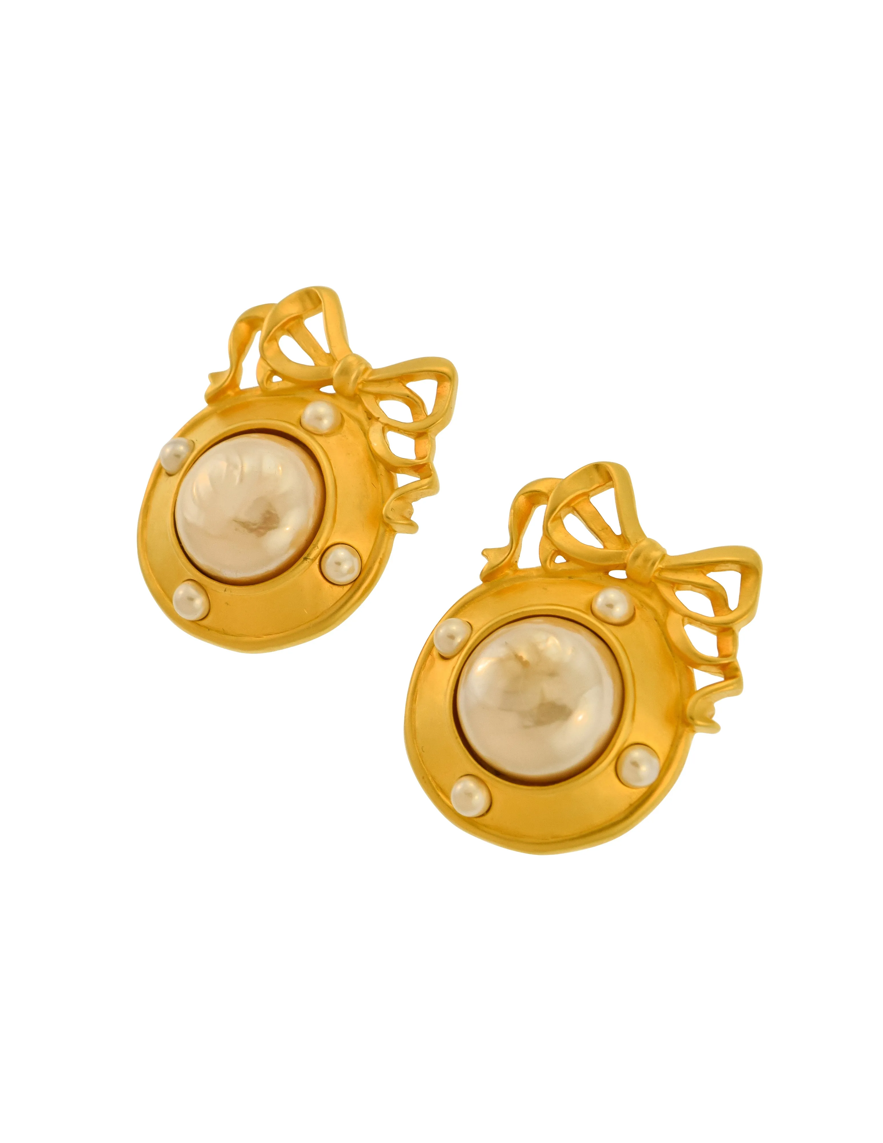 Karl Lagerfeld Vintage Large Brushed Gold Bow Frame Pearl Earrings