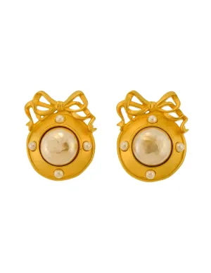 Karl Lagerfeld Vintage Large Brushed Gold Bow Frame Pearl Earrings
