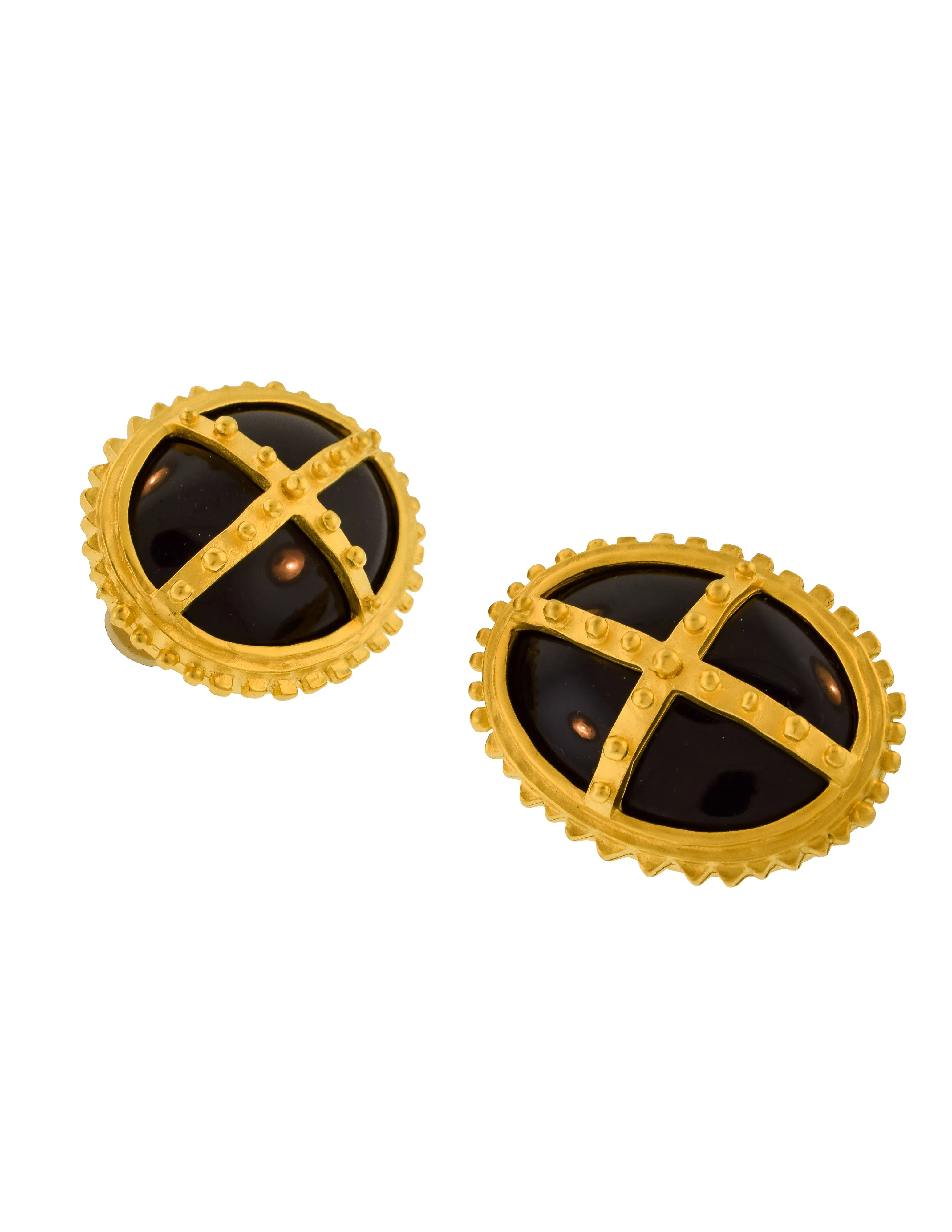 Karl Lagerfeld Vintage Massive Gold Bolted Framed Polished Black Cabochon Statement Earrings