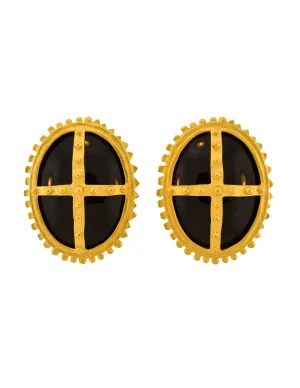 Karl Lagerfeld Vintage Massive Gold Bolted Framed Polished Black Cabochon Statement Earrings