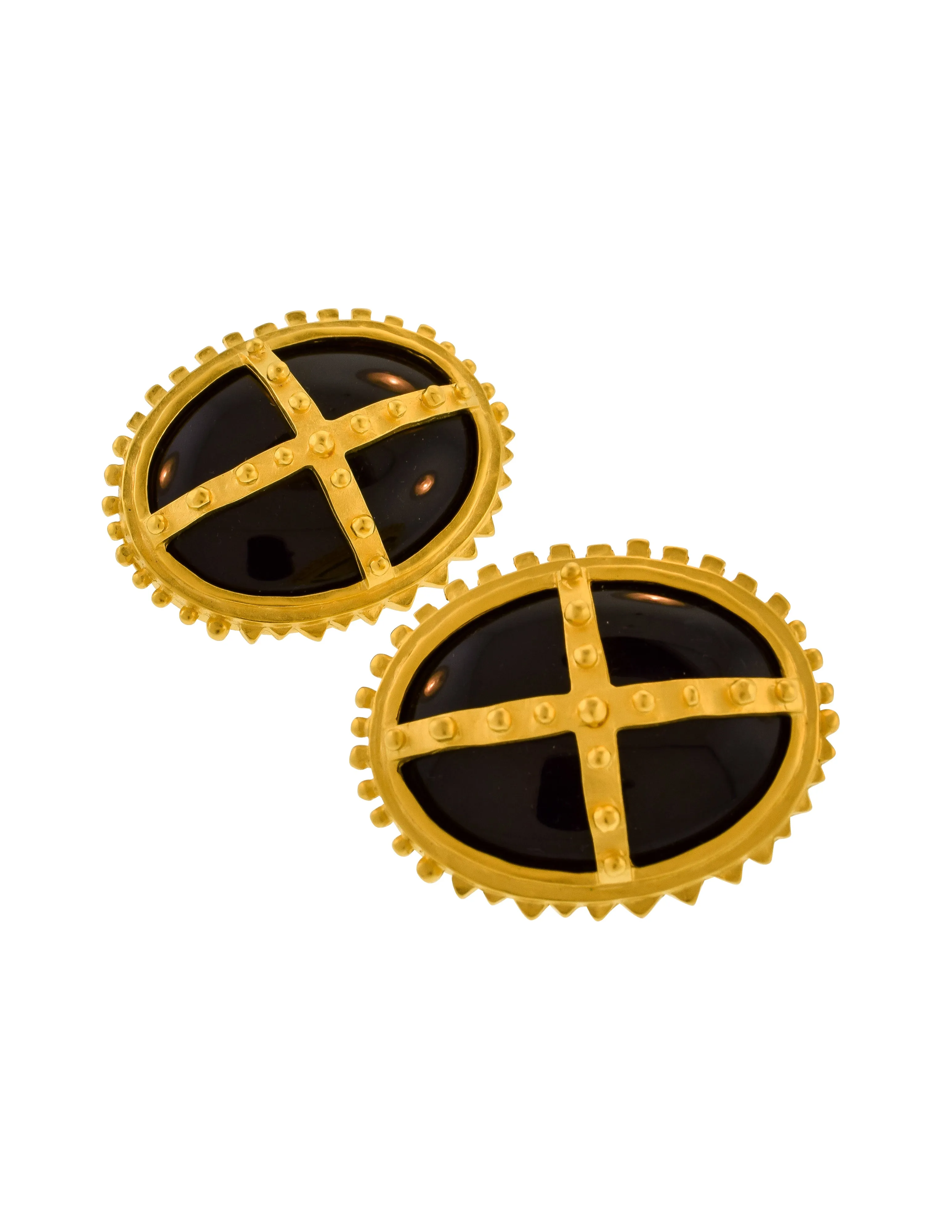 Karl Lagerfeld Vintage Massive Gold Bolted Framed Polished Black Cabochon Statement Earrings
