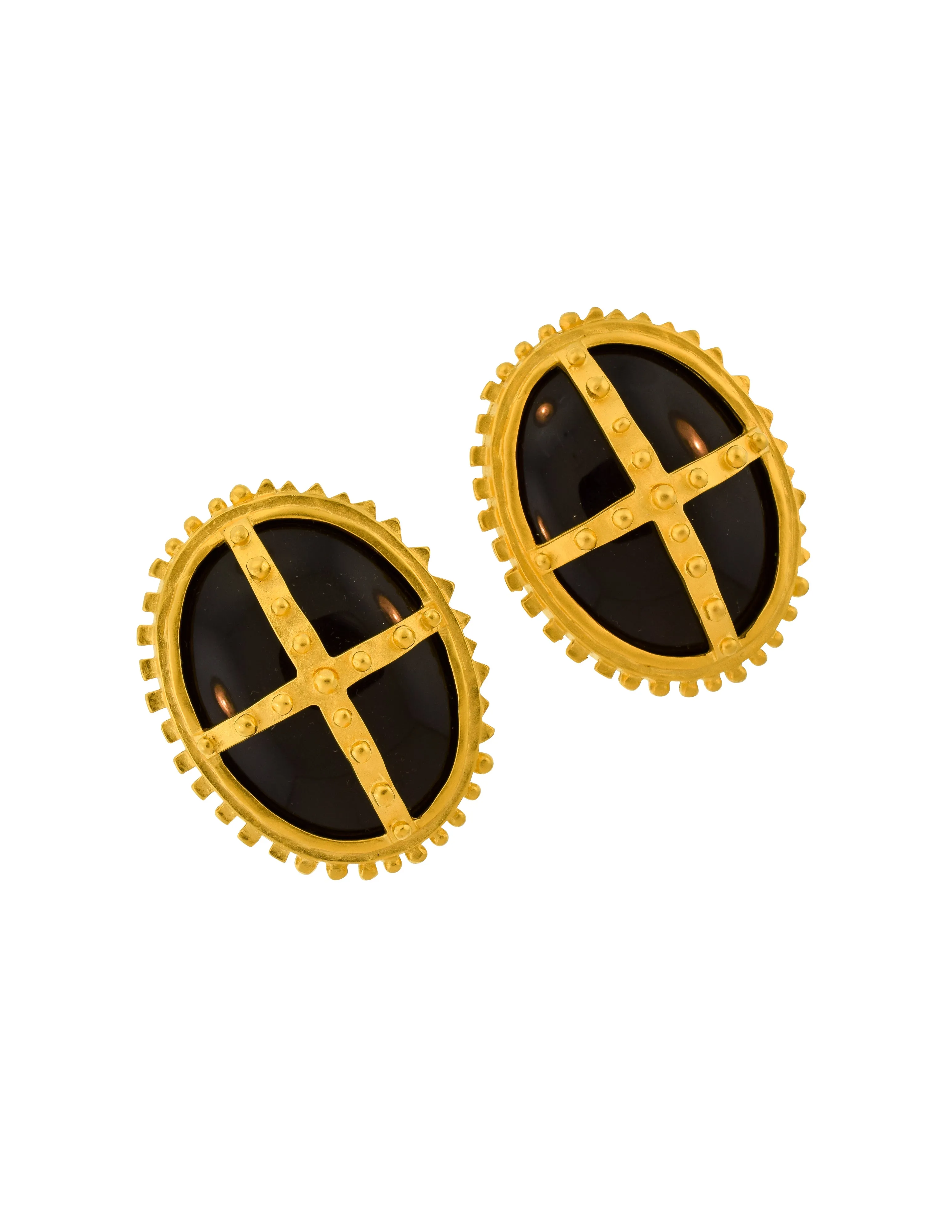 Karl Lagerfeld Vintage Massive Gold Bolted Framed Polished Black Cabochon Statement Earrings