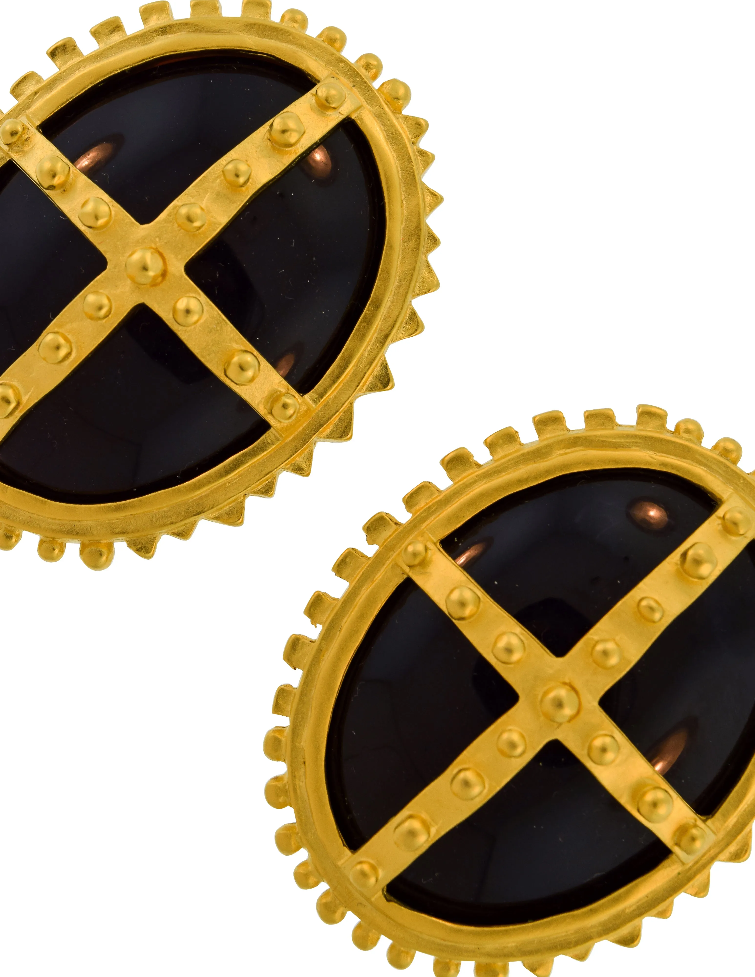 Karl Lagerfeld Vintage Massive Gold Bolted Framed Polished Black Cabochon Statement Earrings