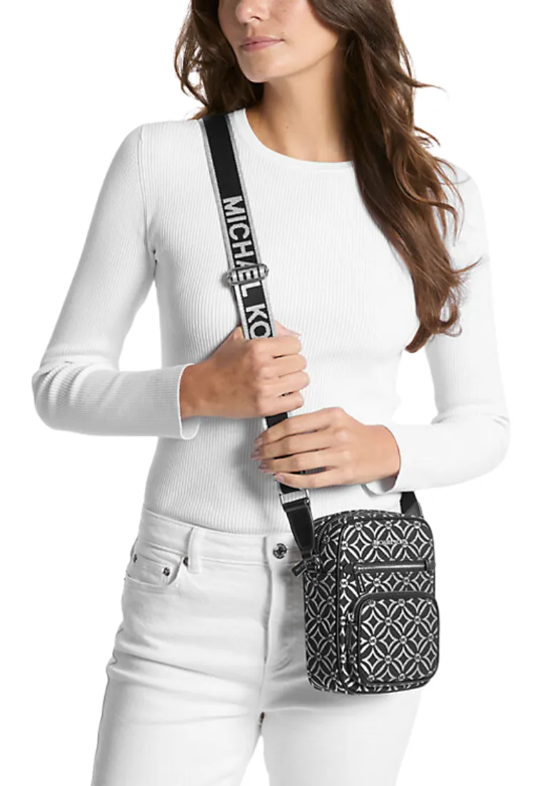 Michael Kors Jet Set Medium Metallic Logo Jacquard Crossbody Bag In Black Silver Noir Argent 35F4STTC2J