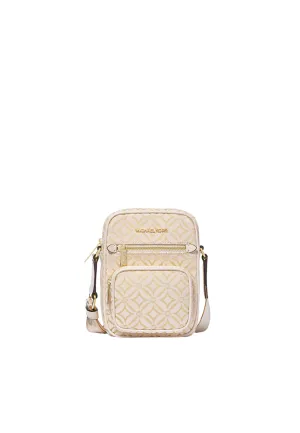 Michael Kors Jet Set Medium Metallic Logo Jacquard Crossbody Bag In Light Cream Pale Multi 35F4GTTC2J
