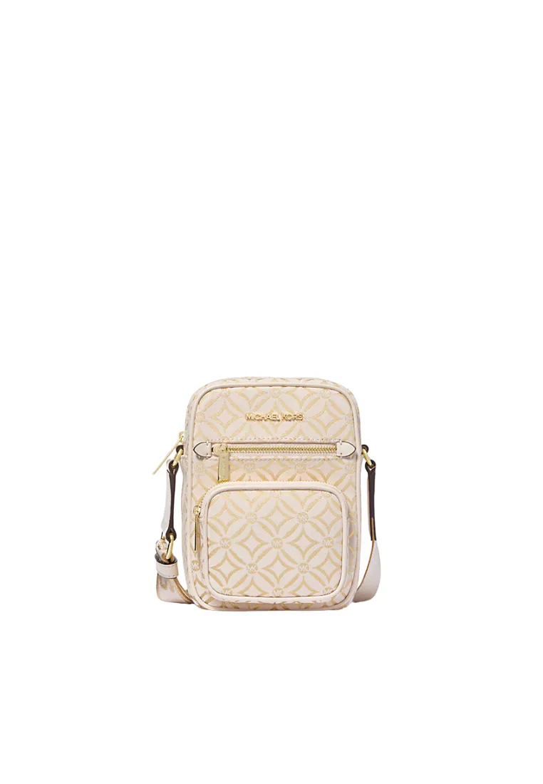 Michael Kors Jet Set Medium Metallic Logo Jacquard Crossbody Bag In Light Cream Pale Multi 35F4GTTC2J