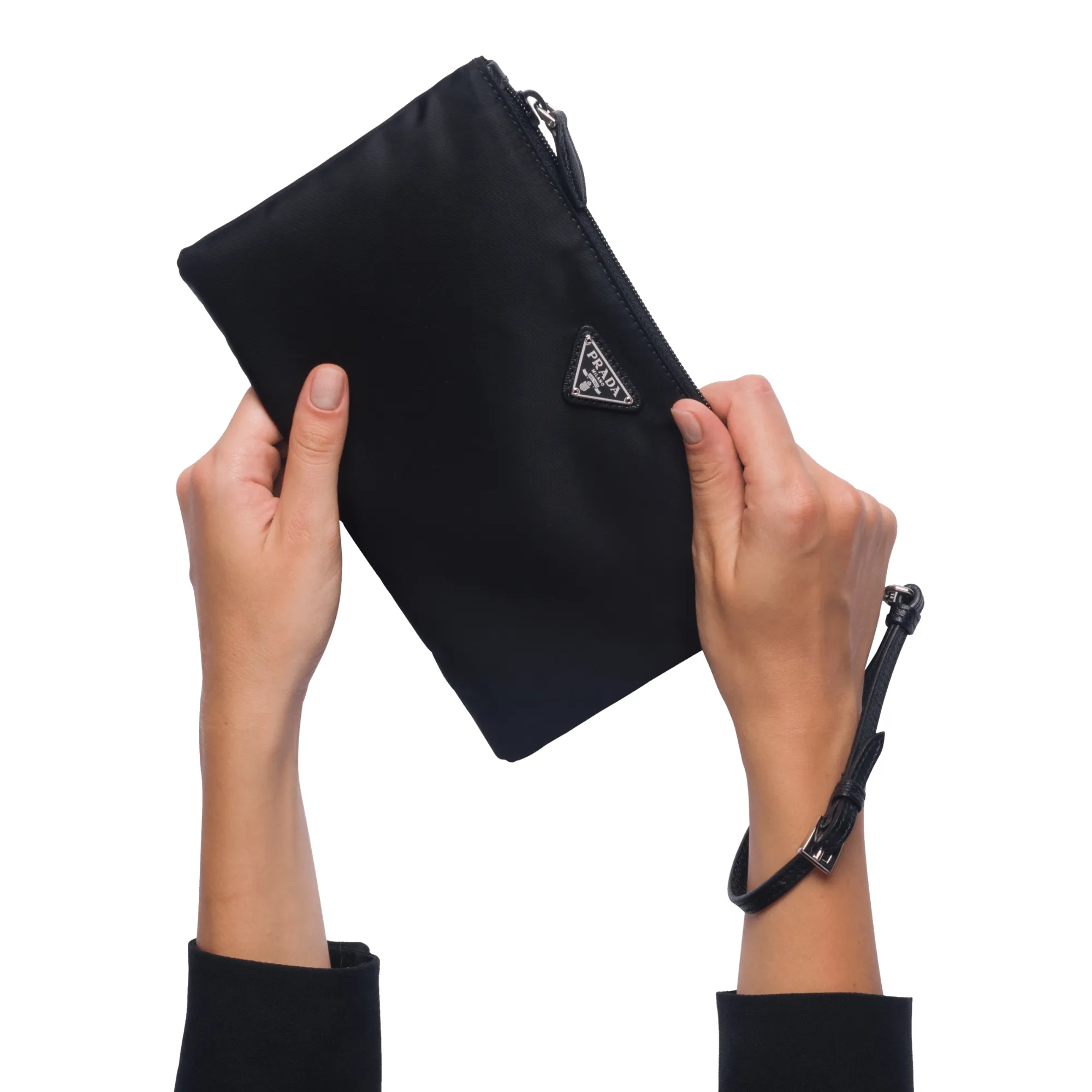 Prada Black Tessuto Nylon Pouch Prada Triangle Logo Wristlet Clutch Bag