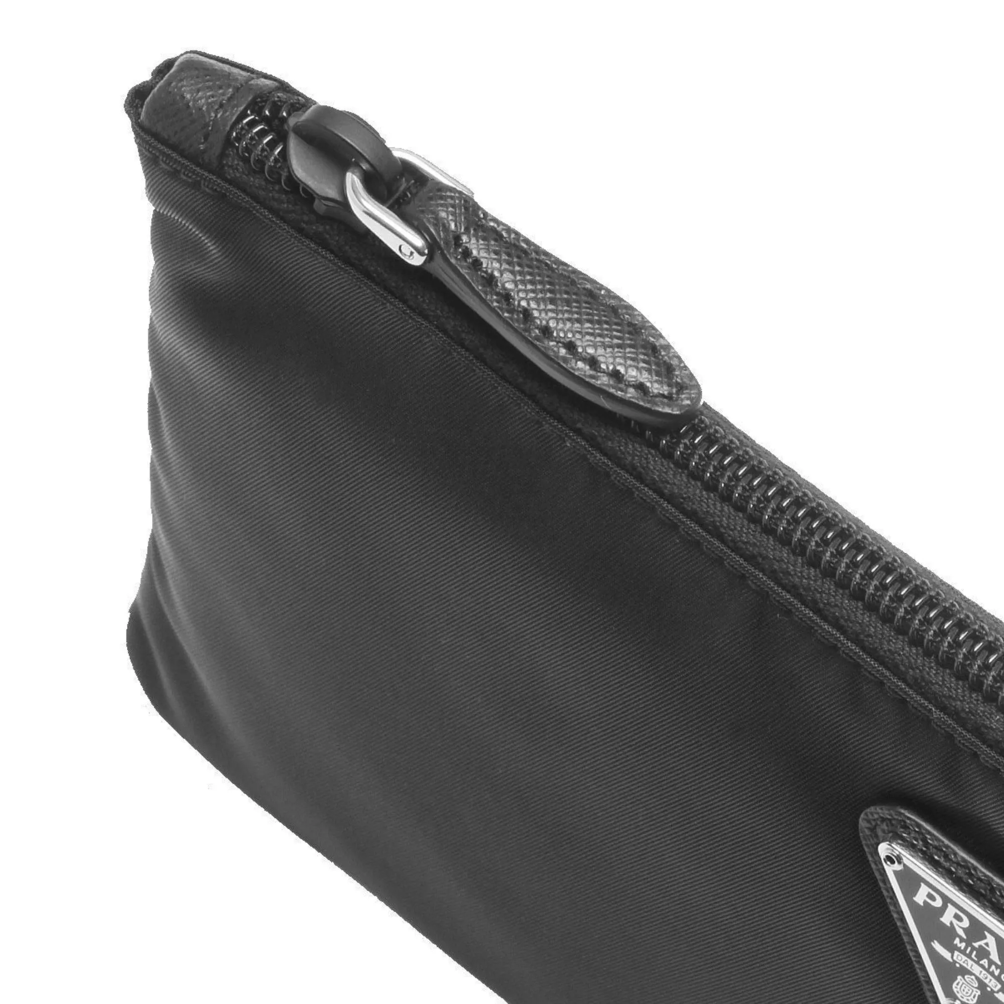 Prada Black Tessuto Nylon Pouch Prada Triangle Logo Wristlet Clutch Bag