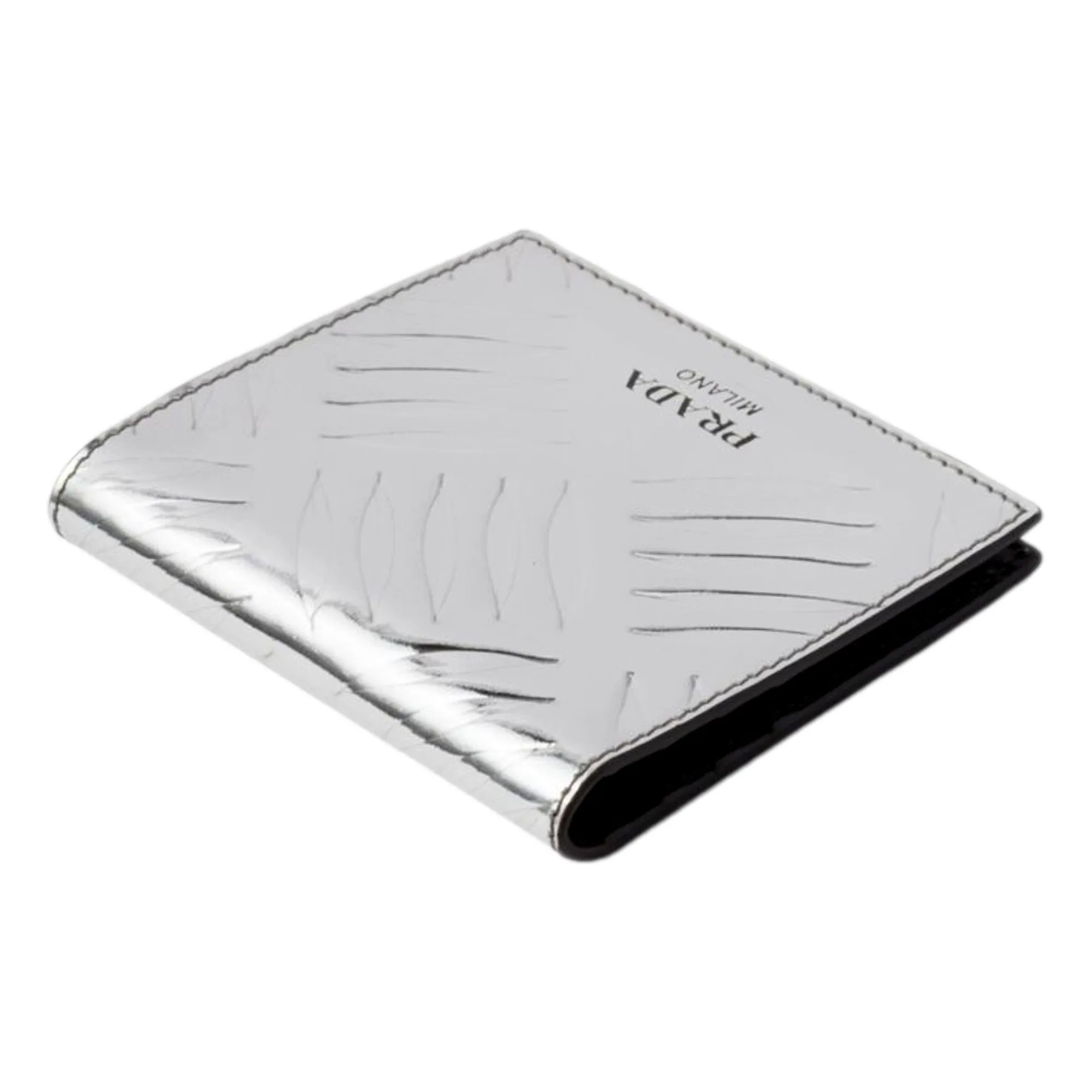 Prada Spazzolato Foldover Card Wallet Metallic Silver Embossed Leather