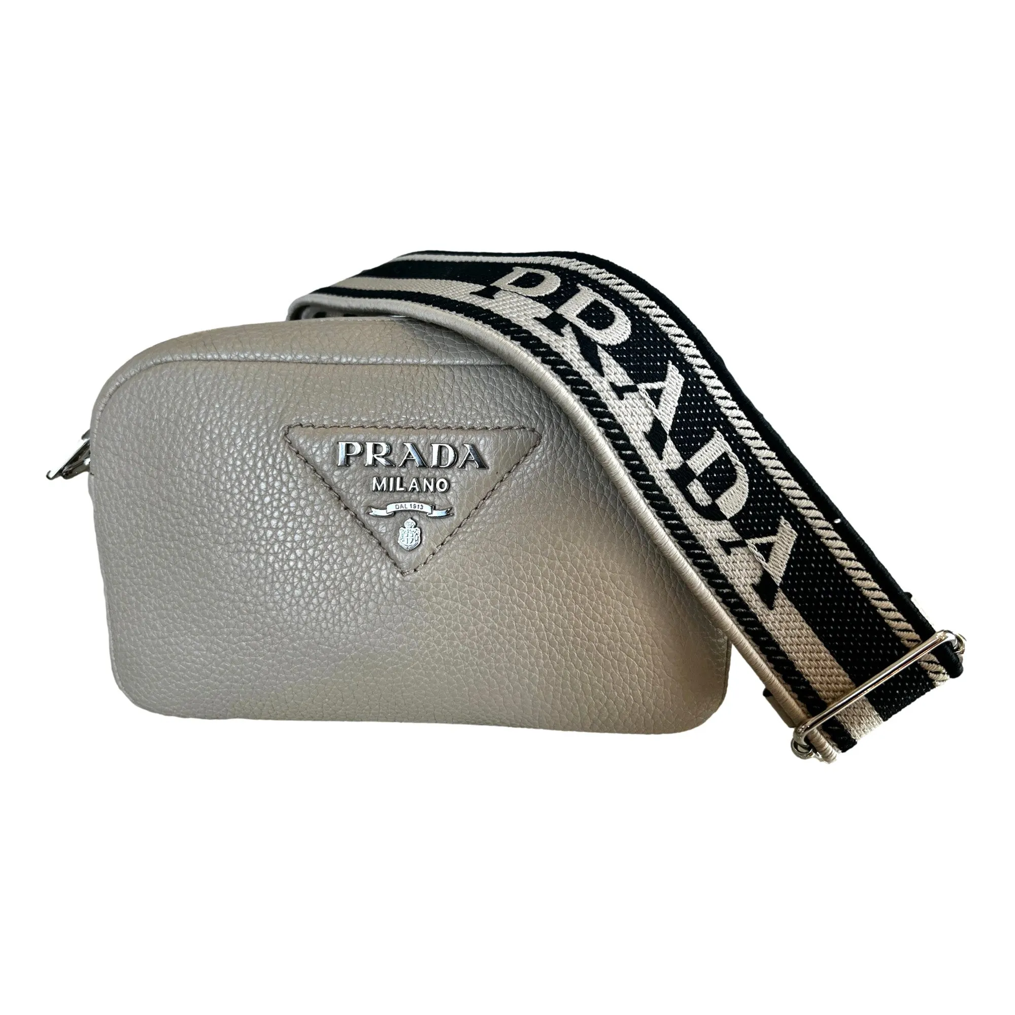 Prada Vitello Daino Leather Sabbia Beige Web Strap Camera Crossbody