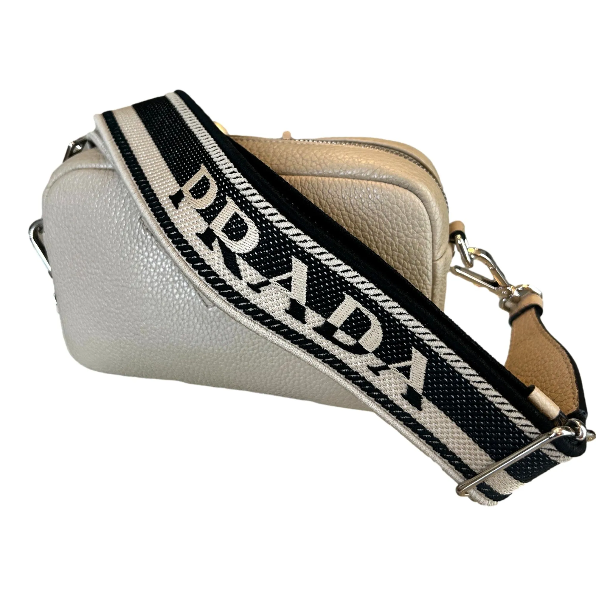 Prada Vitello Daino Leather Sabbia Beige Web Strap Camera Crossbody