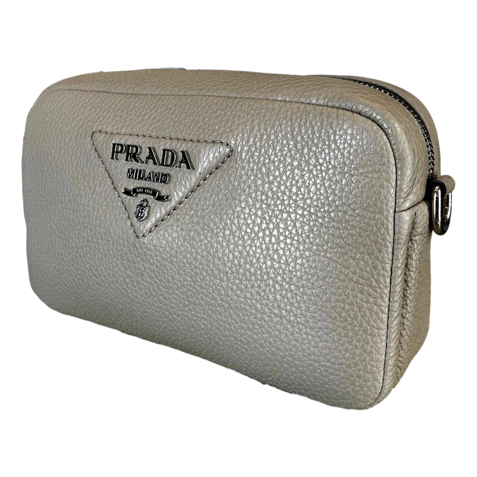 Prada Vitello Daino Leather Sabbia Beige Web Strap Camera Crossbody
