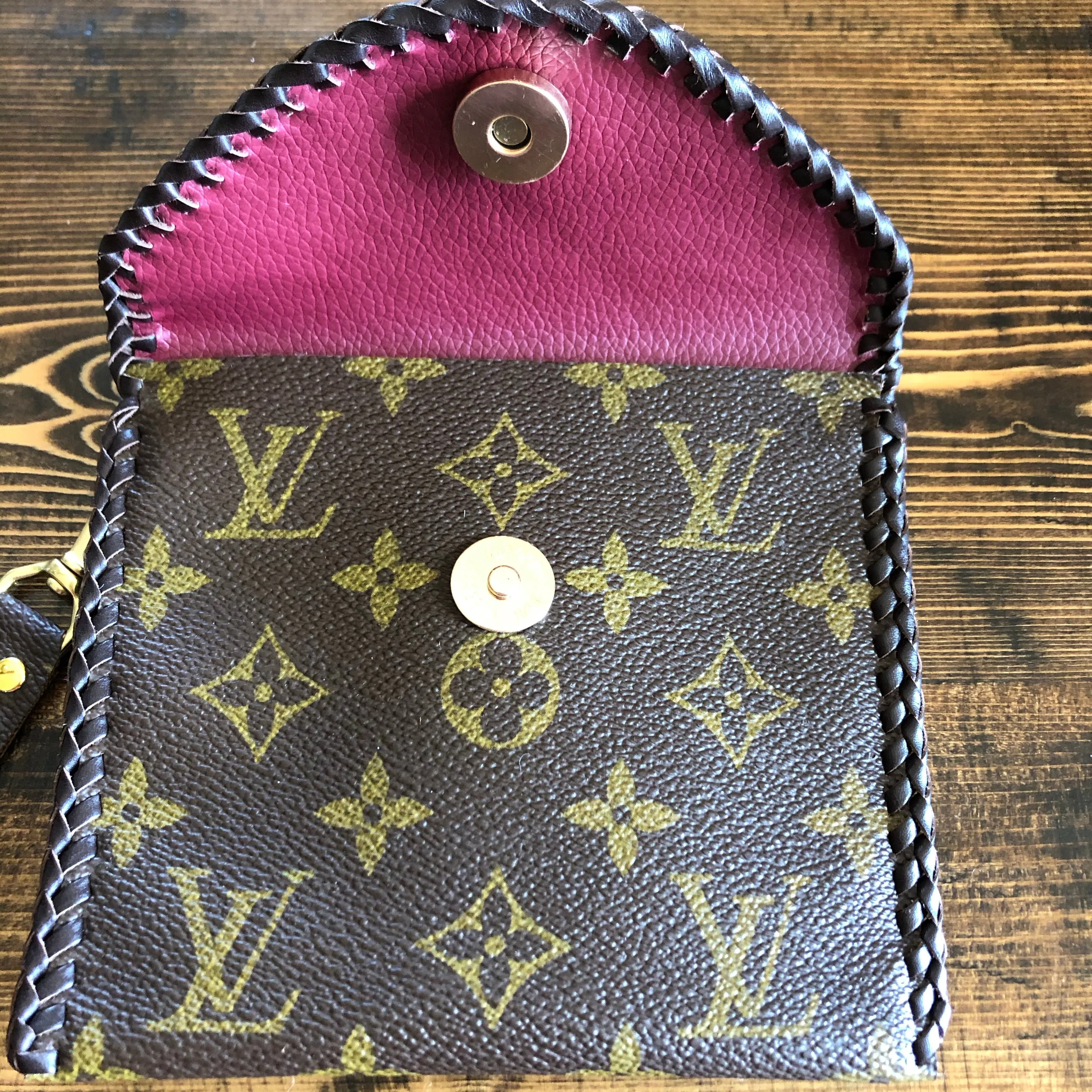 The Cardinal - Red inside Vintage Monogram Card Holder/Wallet/Keychain