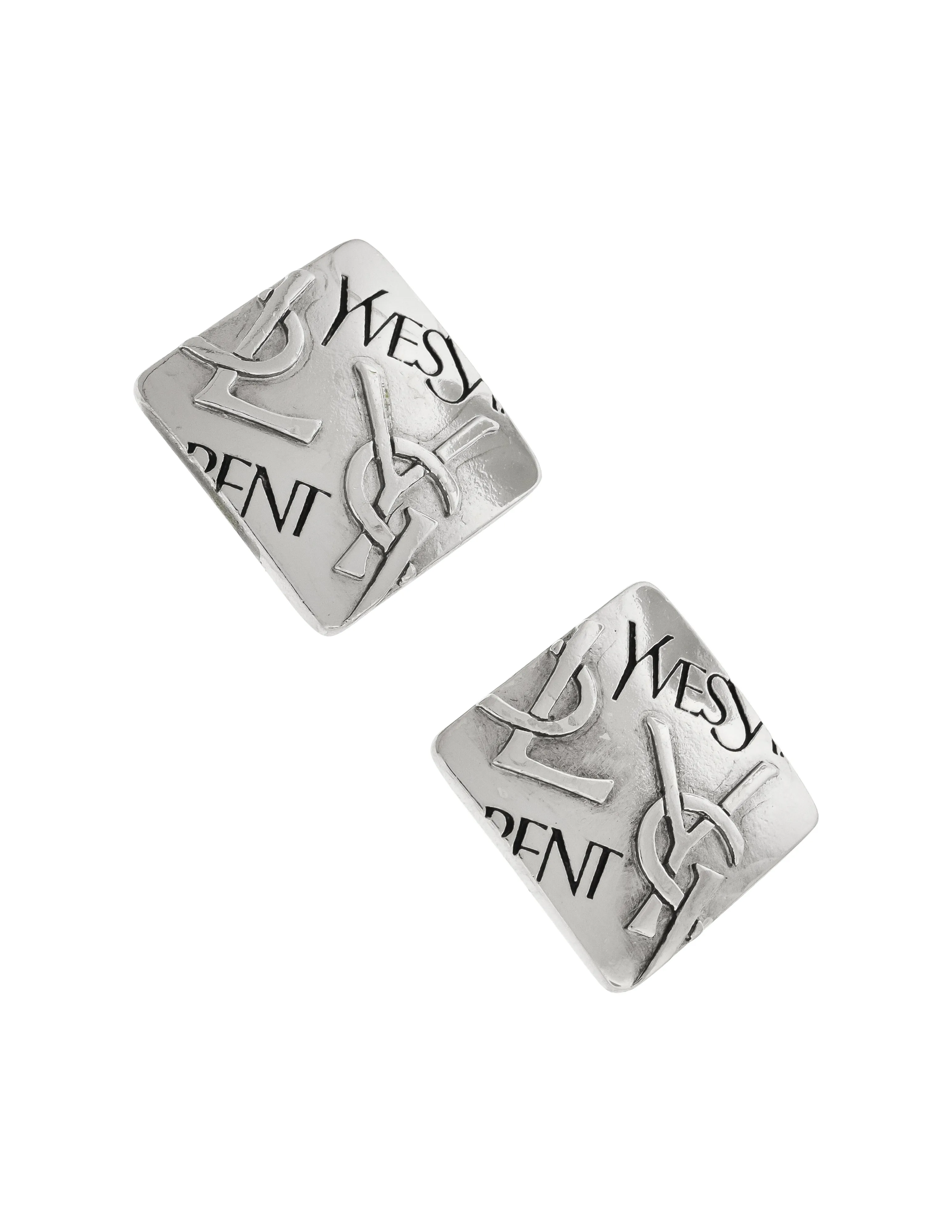 Yves Saint Laurent Vintage Silver YSL Logo Square Statement Earrings