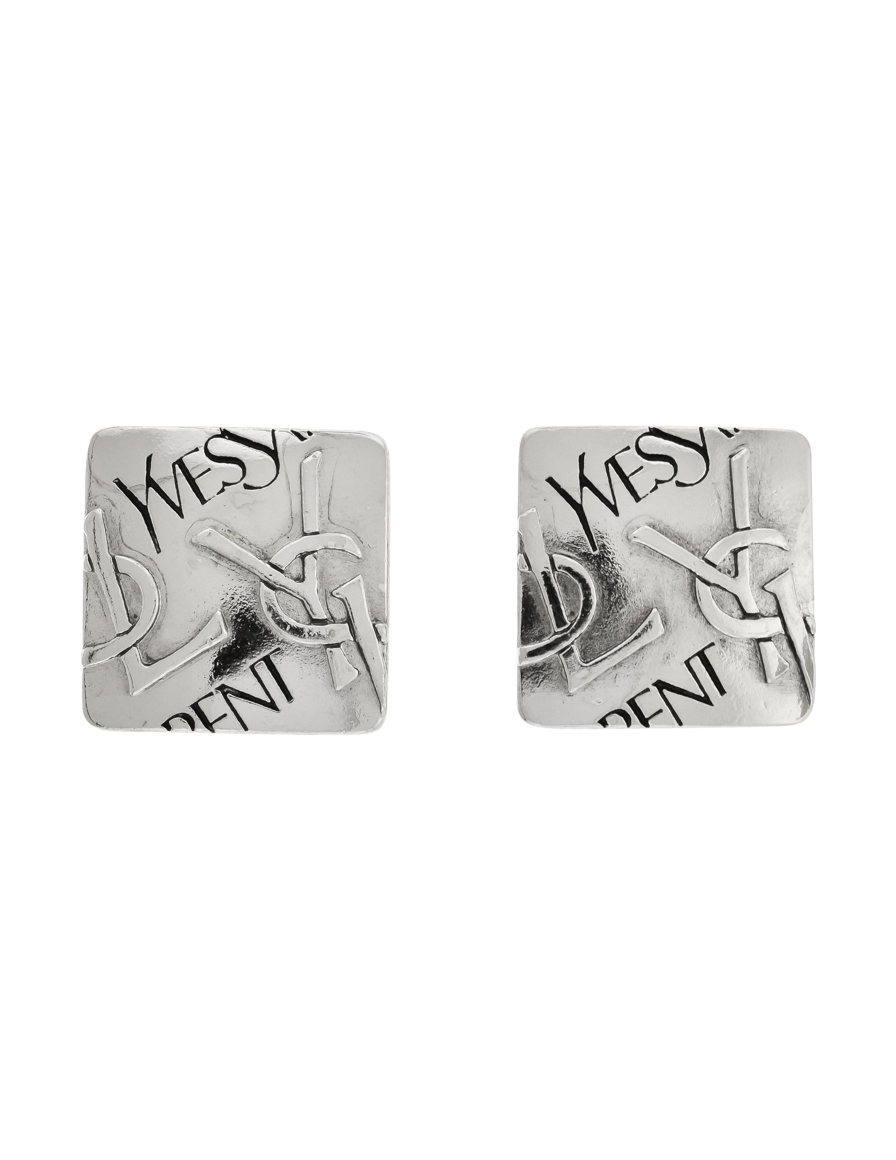 Yves Saint Laurent Vintage Silver YSL Logo Square Statement Earrings