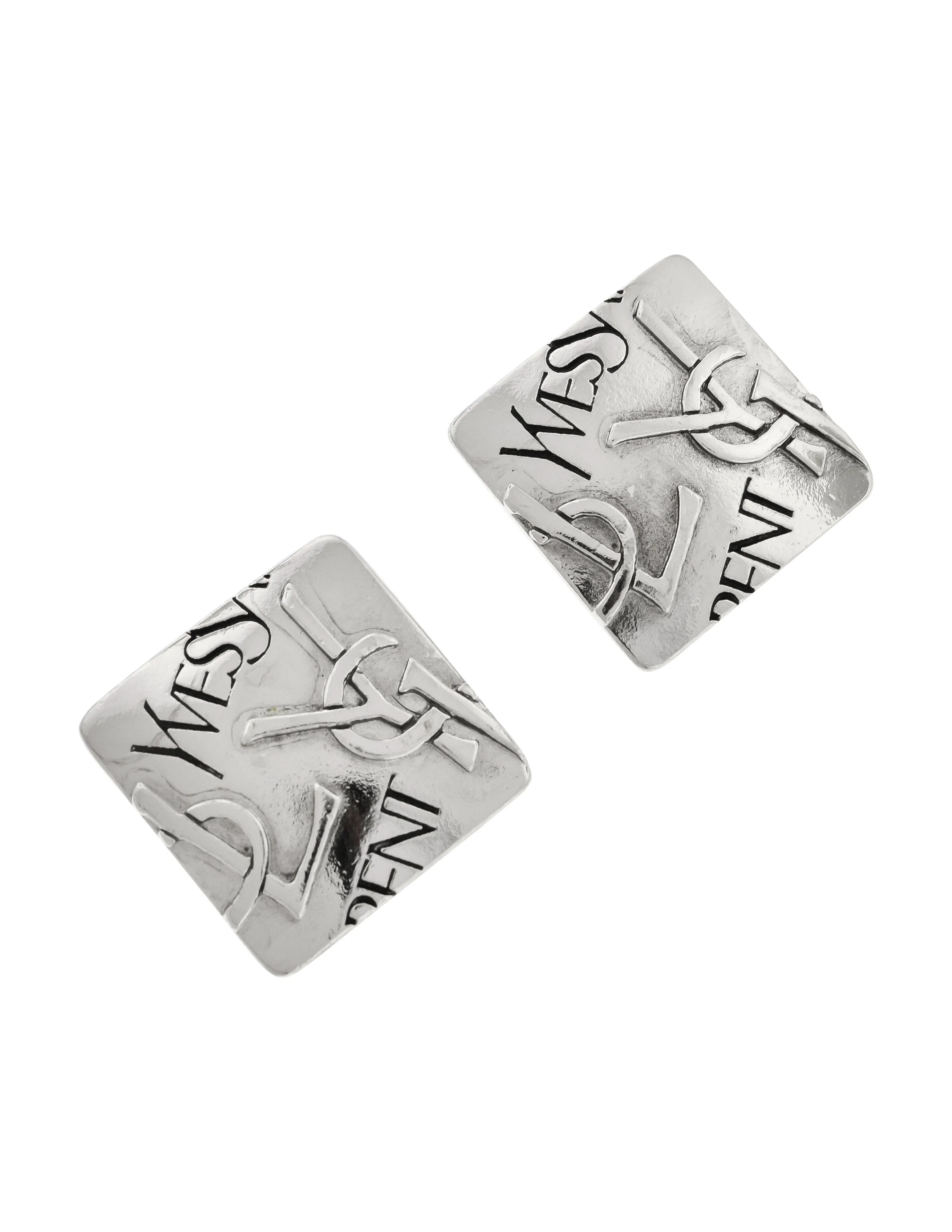 Yves Saint Laurent Vintage Silver YSL Logo Square Statement Earrings