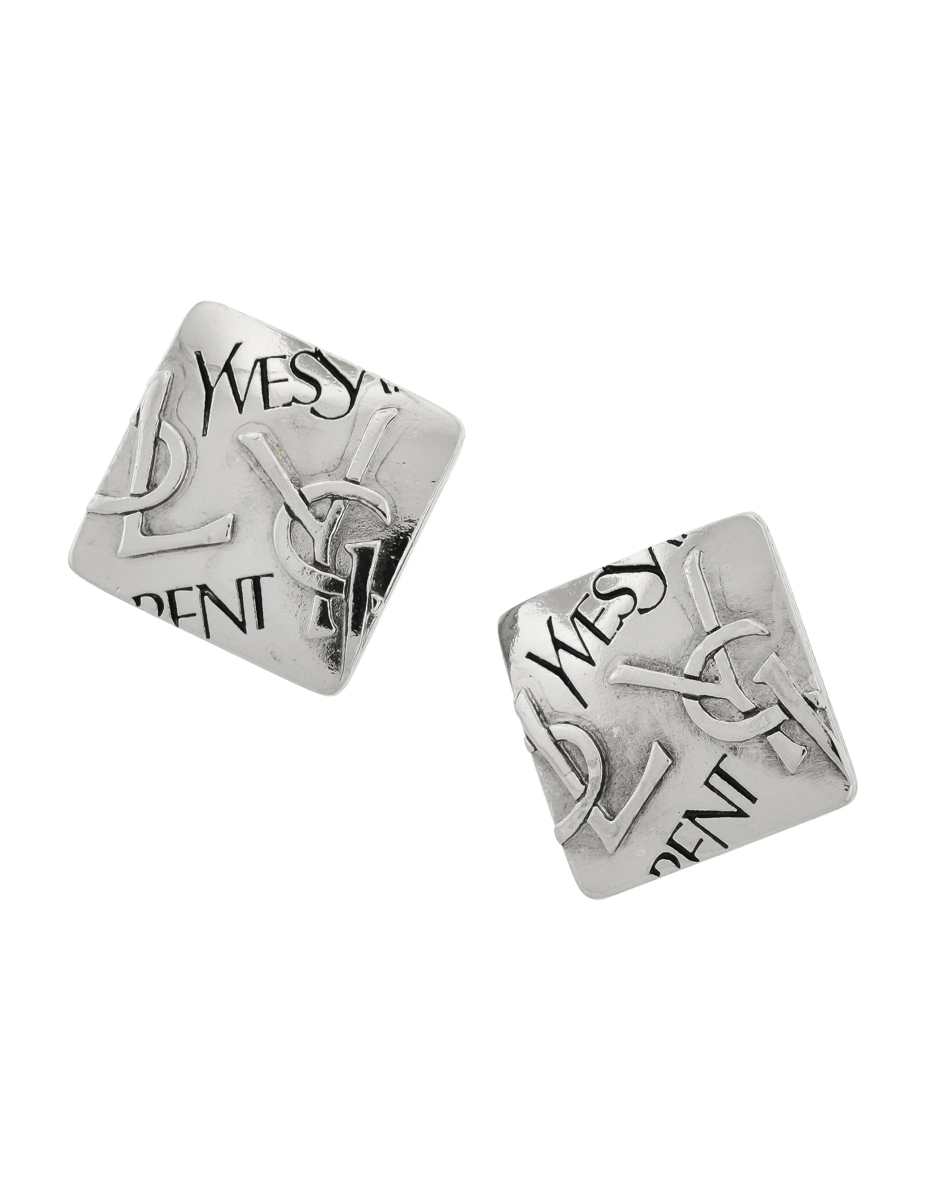 Yves Saint Laurent Vintage Silver YSL Logo Square Statement Earrings